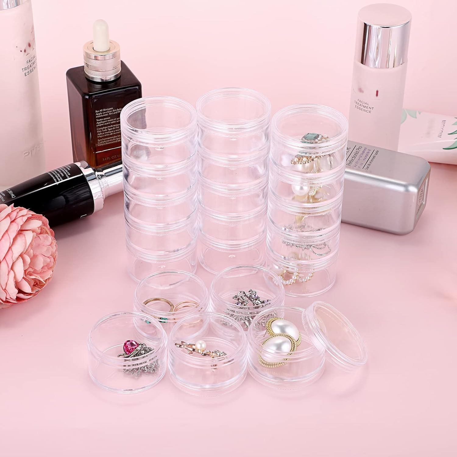Hipiwe 4 Set Stackable Cosmetic Containers with Screw Lids Plastic Sample Jars 30Ml Clear Empty Jars Makeup Sample Containers Nail Accessories Organizer image number 1