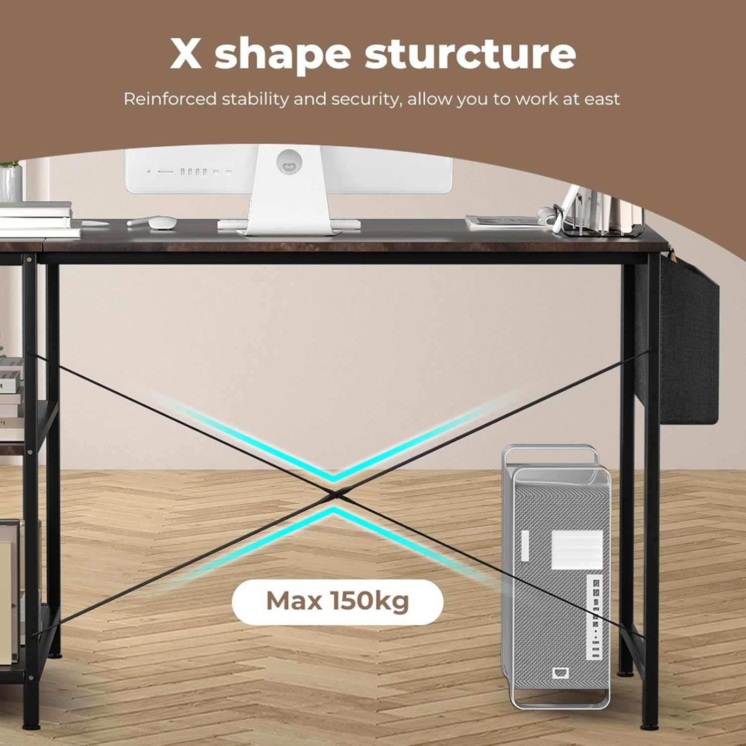 Levede Corner Desk with Storage Shelves, Industrial L-Shaped Gaming Computer Desk with Side Bags for Small Space, Modern Simple Writing Table for Home Office Desk(100Cm X 80Cm X 75Cm, Brown) image number 2