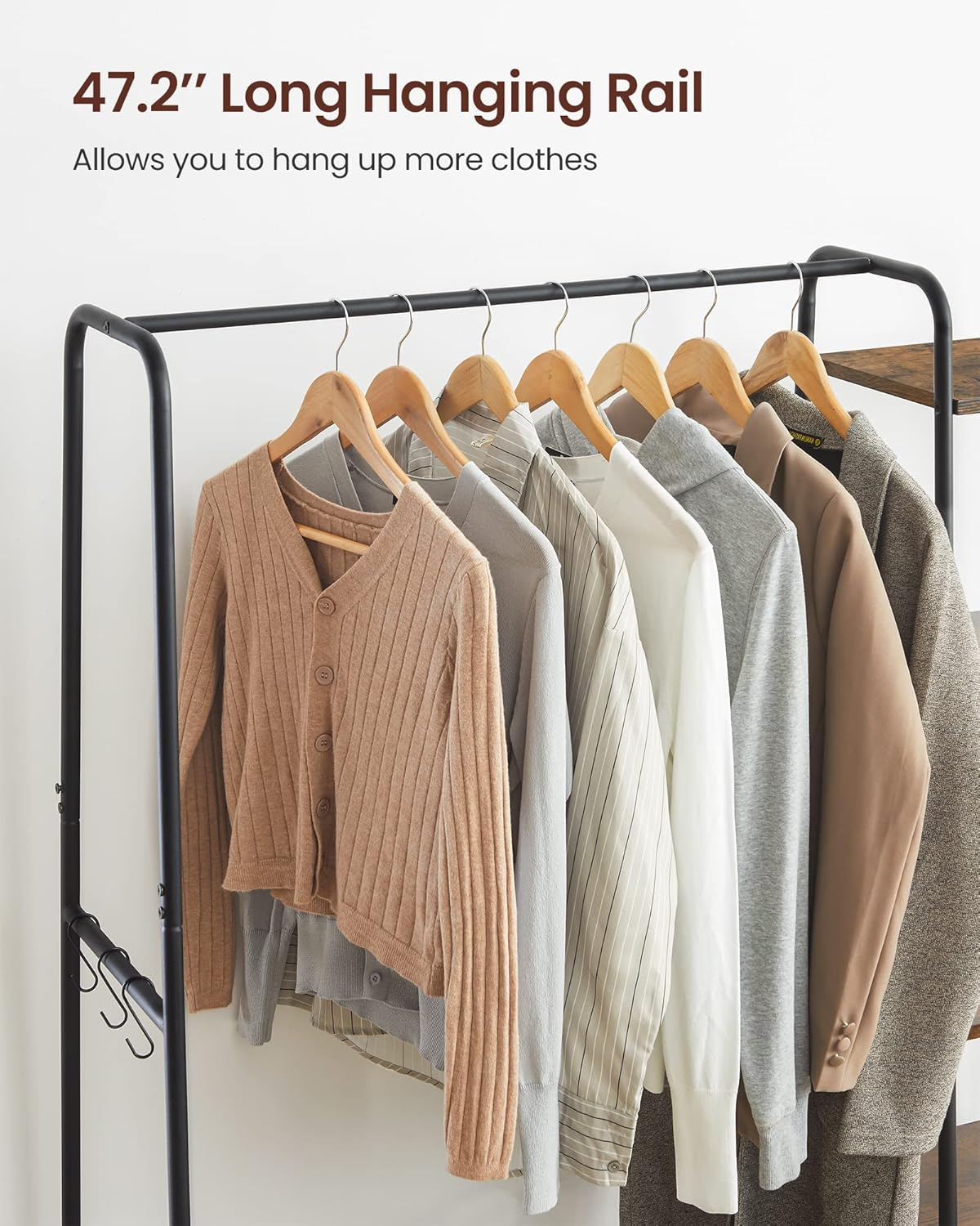 VASAGLE Clothes Rack, Clothing Rack with Shoe Shelf, 5-Tier Storage Rack, 6 Side Hooks, for Bedroom, Living Room, Rustic Brown and Black URGR116B01 image number 2