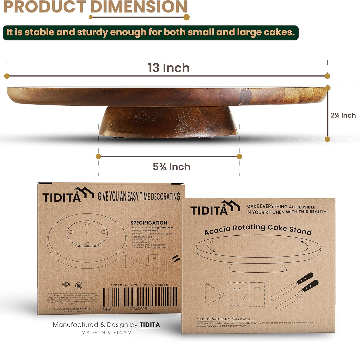 TIDITA 33 Cm Acacia Cake Stand Rotating &ndash; Rustic Cake Stand Set Turntable with 2 Icing Spatulas, 3 Smoothers &ndash; Wooden Revolving Spinner Cake Decorating Supplies - Use at Parties, Wedding (Acacia Wood) image number 1