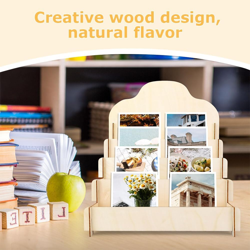 4-Tier Greeting Card Holder with Durable Material, Wooden Card Display Stand, Portable Cardboard Sticker Display Rack, Photo Card Organizer Stand, Suitable for Collector, Pictures, Brochure image number 2