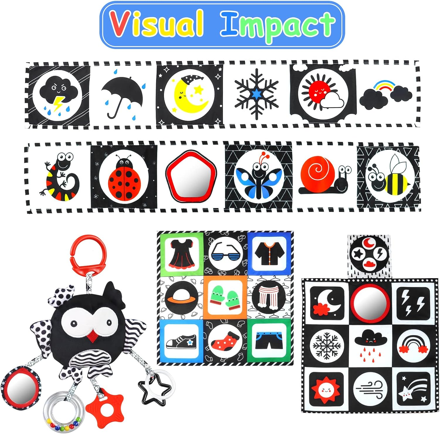 Black and White High Contrast Baby Toys 0-6 Months with Mirror, Crinkle and Rattles, Soft Baby Toys for Brain Development Montessori Sensory Tummy Time Toys Newborn Infant Toys for 0 3 6 9 Months Old image number 2