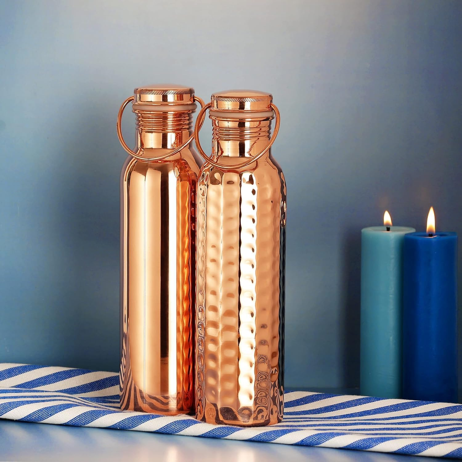 Healthgoodsau - Set of Hammered and Plain Copper Water Bottle with Handle | Leak-Proof Seamless Water Bottle Set 600 Ml (20.28 Fluid Ounce) image number 3