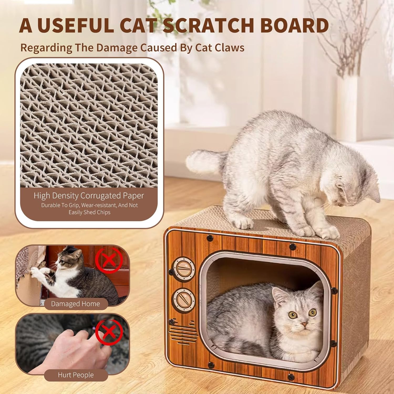 PETCUTE Cat Scratching Boards, 3-In-1 Cat Scratching Box Made of Corrugated Cardboard with Non-Slip Base, Corrugated Cardboard Cat Tree House, Recyclable Scratching Pad, Cat Scratching Mat for Indoor image number 1
