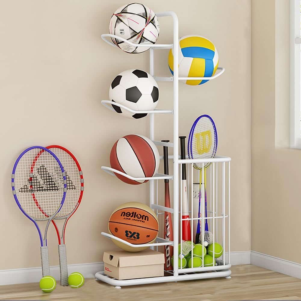 Fohouse Garage Sports Equipment Organizer with Basket, Ball Storage Rack, Football Stand, Ball Storage Garage, Ball Holder