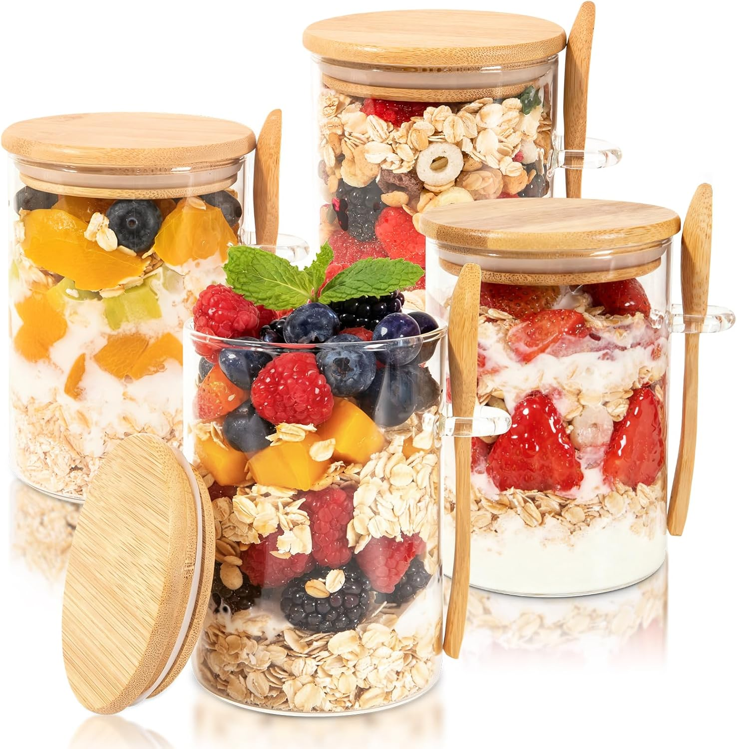 Feshory 4 Pack (500Ml /16.9Oz) Overnight Oats Containers with Lids and Spoons - Wide Mouth Glass Jar, Meal Prep Containers for Yogurt, Breakfast, Salad, Fruit, Chia Pudding (4X500Ml) image number 6