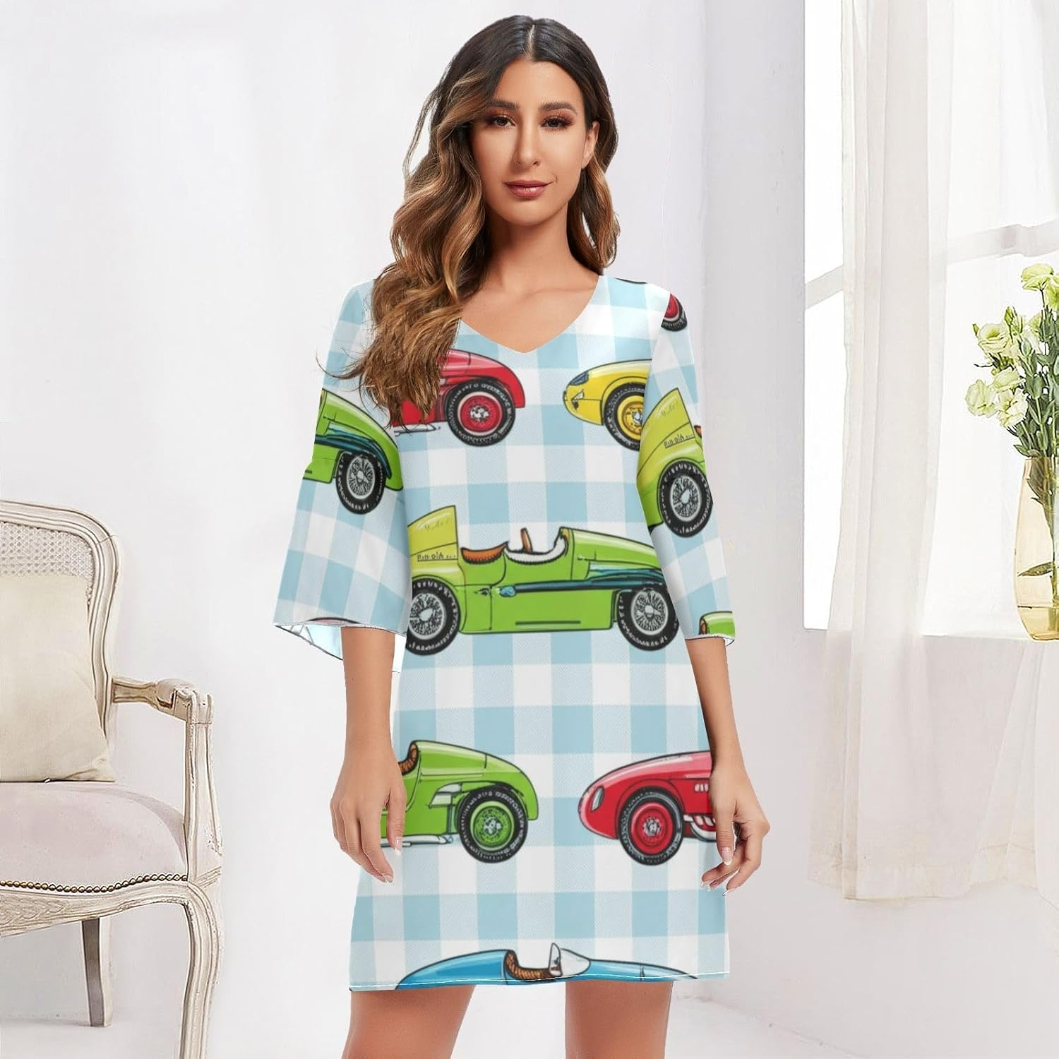 Vintage Race Cars Plaid Western a Line Dress Printed Line Maternity Dress S-XXL image number 4