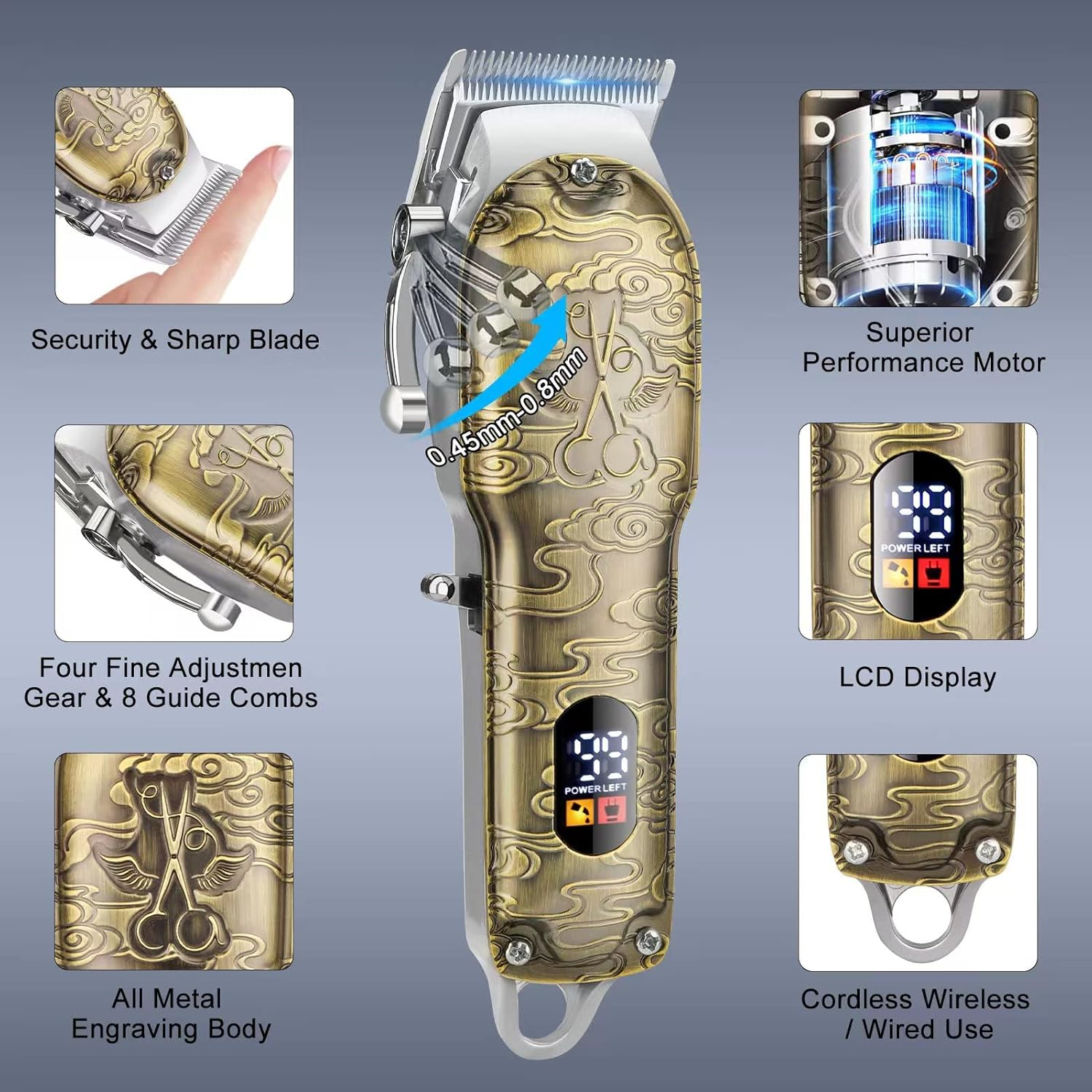 Hair Clippers for Men Cordless Professional Barber Set - USB Rechargeable T Blade Trimmer for Beard/Nose - Hair Cutting Kit Gifts for Men - Bronze 4 image number 2