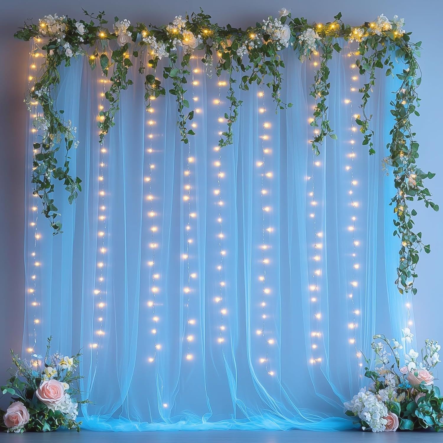 HOLITS Tulle Backdrop with Fairy Lights for Parities Wrinkle-Free Sheer Curtain Drapes Photo Back Drop for Wedding Baby Shower Bridal Shower Birthday Home D&eacute;cor-10Ft&times;8Ft, Champagne