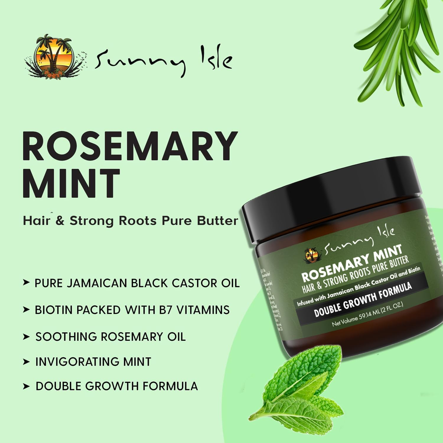 Sunny Isle Rosemary Mint Hair and Strong Roots Butter 2Oz, Infused with Biotin & Jamaican Black Castor Oil, Dry Scalp, Split Ends & All Hair Types image number 2