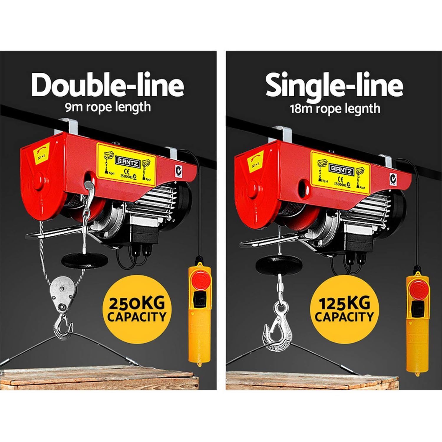 Giantz Electric Hoist, 250Kg 510W Rope Tool Electronic Cable Hoists Lift Crane Remote Control Chain Lifting Winch Home Garage Work Machine, 18M High Tensile Cables Magnetic Single Double Ropes Red image number 4