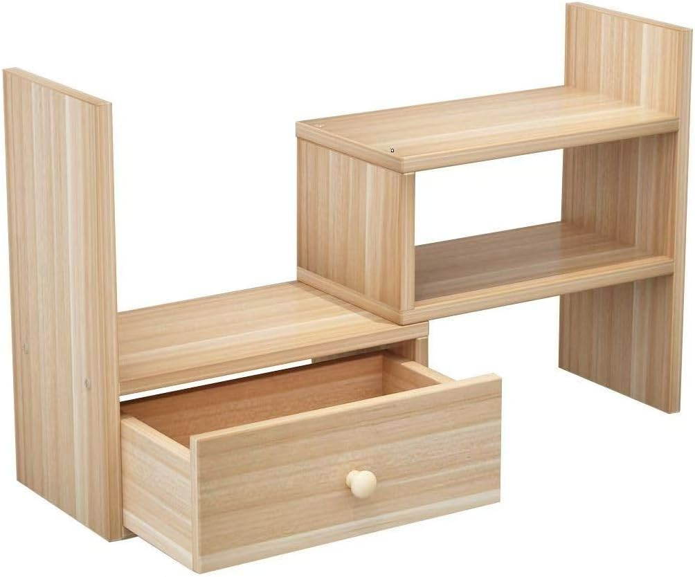 Hbluefat Desktop Organizer Rack with Drawer, Small Adjustable Wood Tabletop Bookshelf/Bookcase, Multipurpose Desk Display Storage Shelf for Home Office (White) image number 3