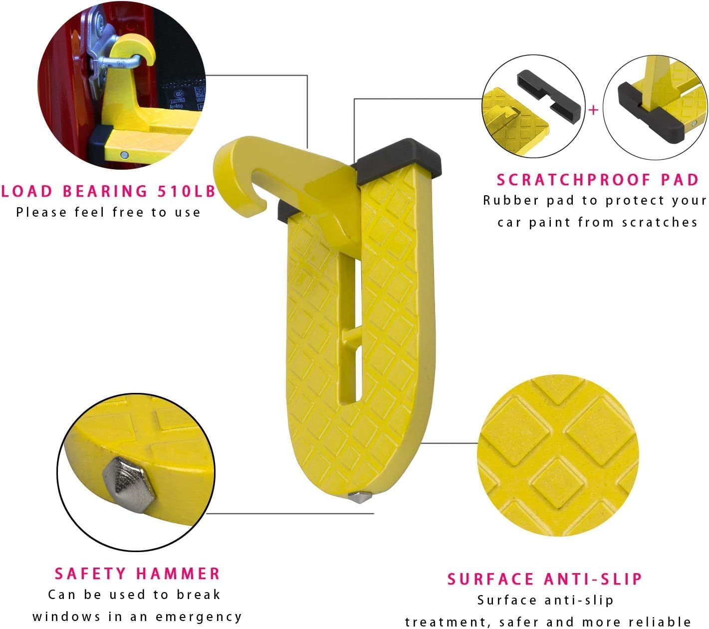 Car Doorstep Vehicle Hooked Folding Ladder Foot Pegs Pedal with Safety Hammer Function for Easy Access to Car Rooftop U Shaped Doorstep Compatible with SUV RV Off-Road (Yellow) image number 5