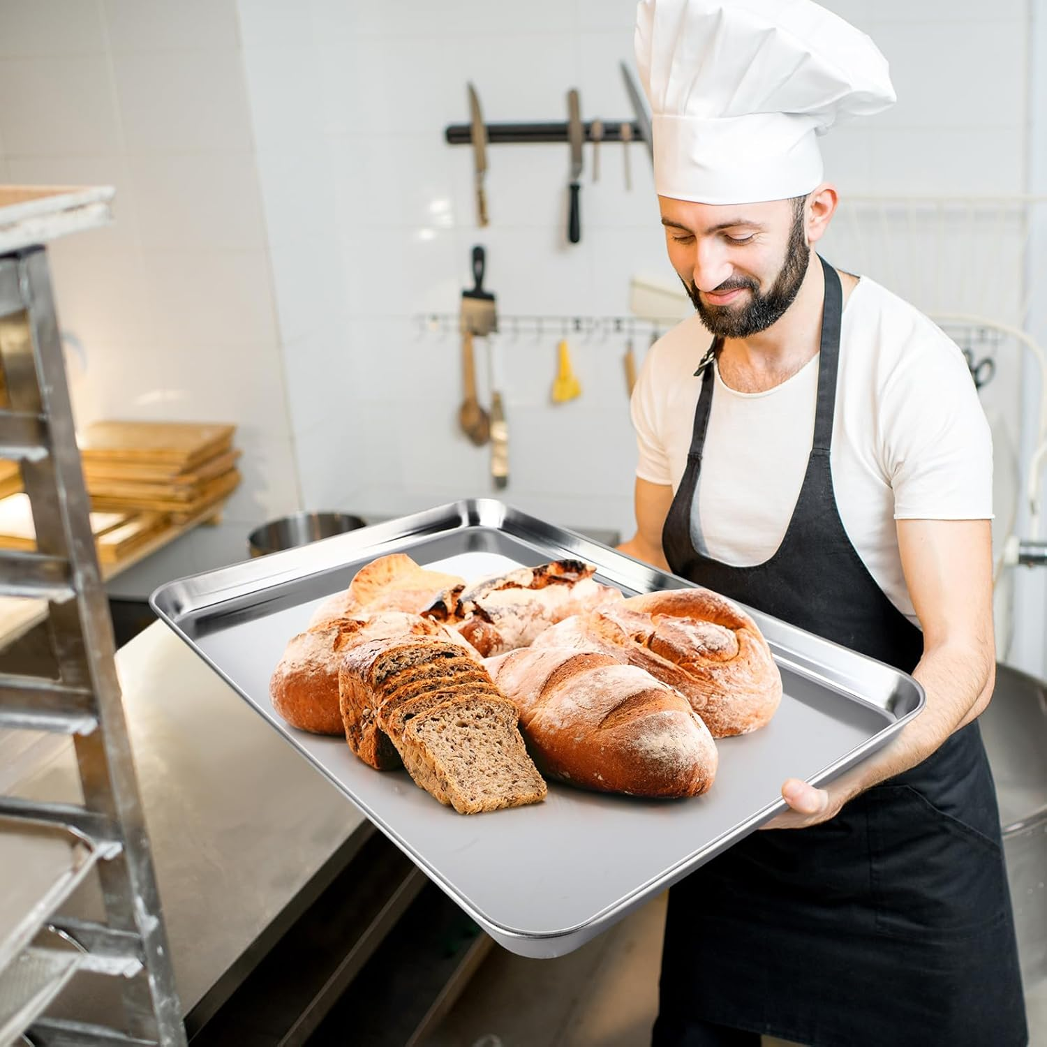 Mimorou 6 Pcs Baking Sheet Set Stainless Steel Cookie Sheet Cookie Baking Pan Bakeware Oven Tray Dishwasher Safe Commercial Grade Pans(20X14X1.2 Inch) image number 2