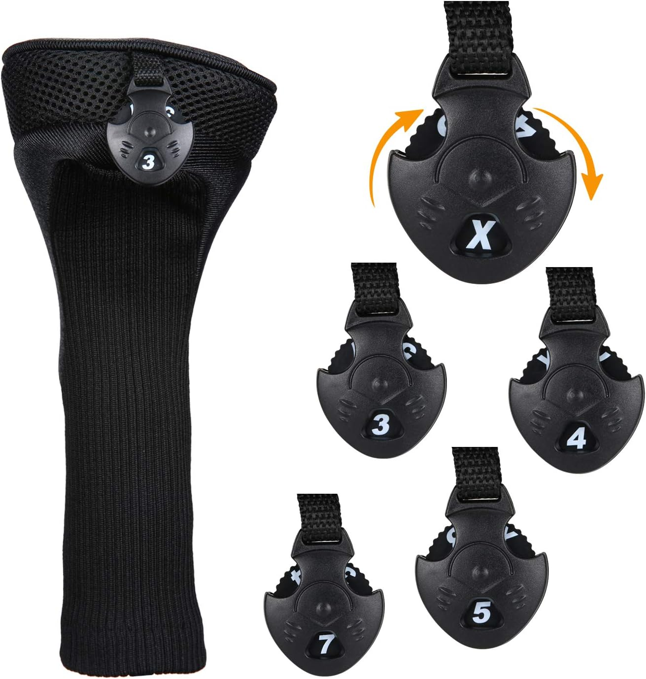 Black Golf Club Head Cover for Driver Fairway 3 Pcs Woods Headcovers, Golf Accessories Hybrid Head Covers Set with Interchangeable Tags 3 4 5 7 X - Black image number 6