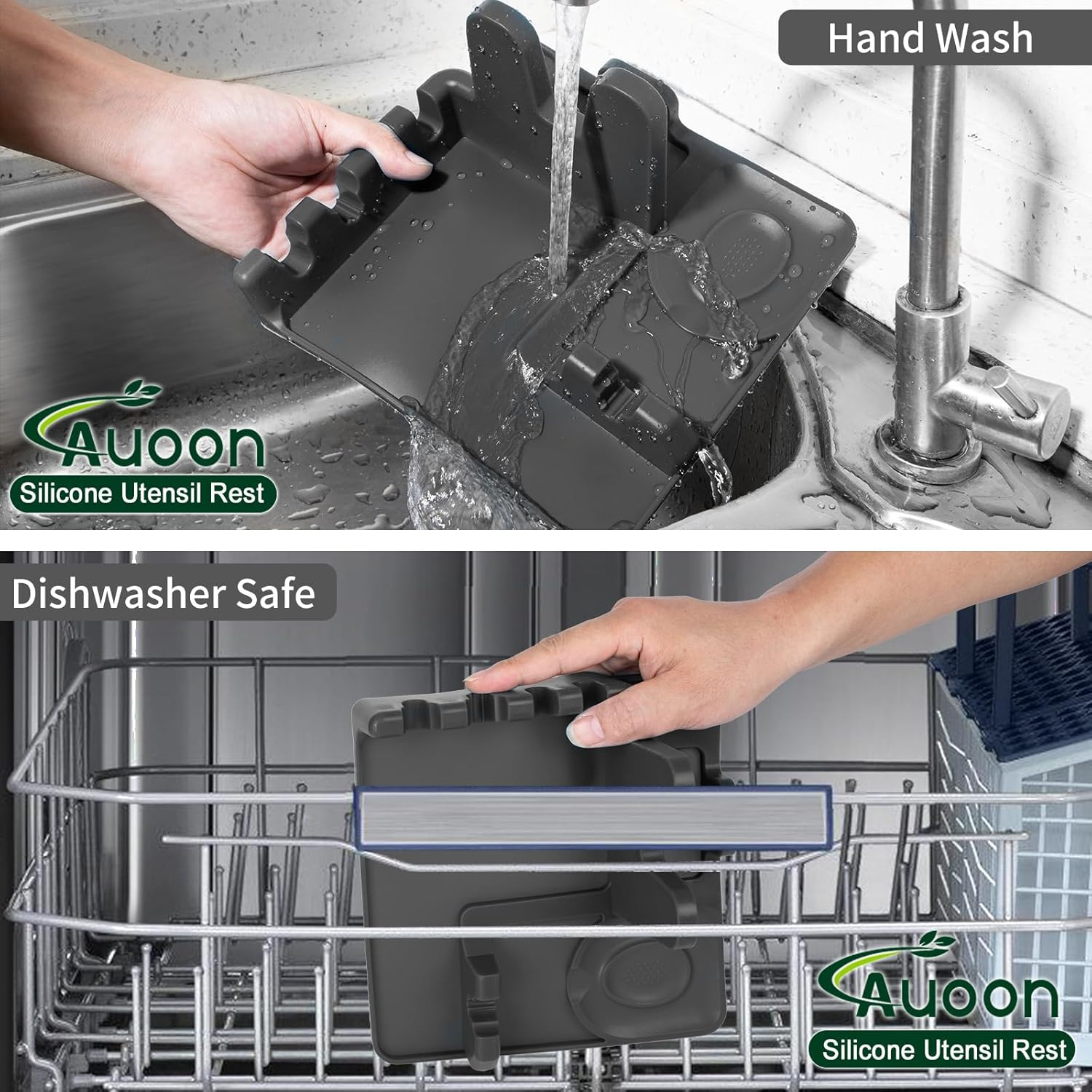 AUOON Spoon Rest for Stove Top - Silicone Utensil Rest with Drip Pad for Kitchen Counter | Practical Kitchen Gadgets for Cooking | Dishwasher Safe (Grey, Large) - Fog Blue image number 2