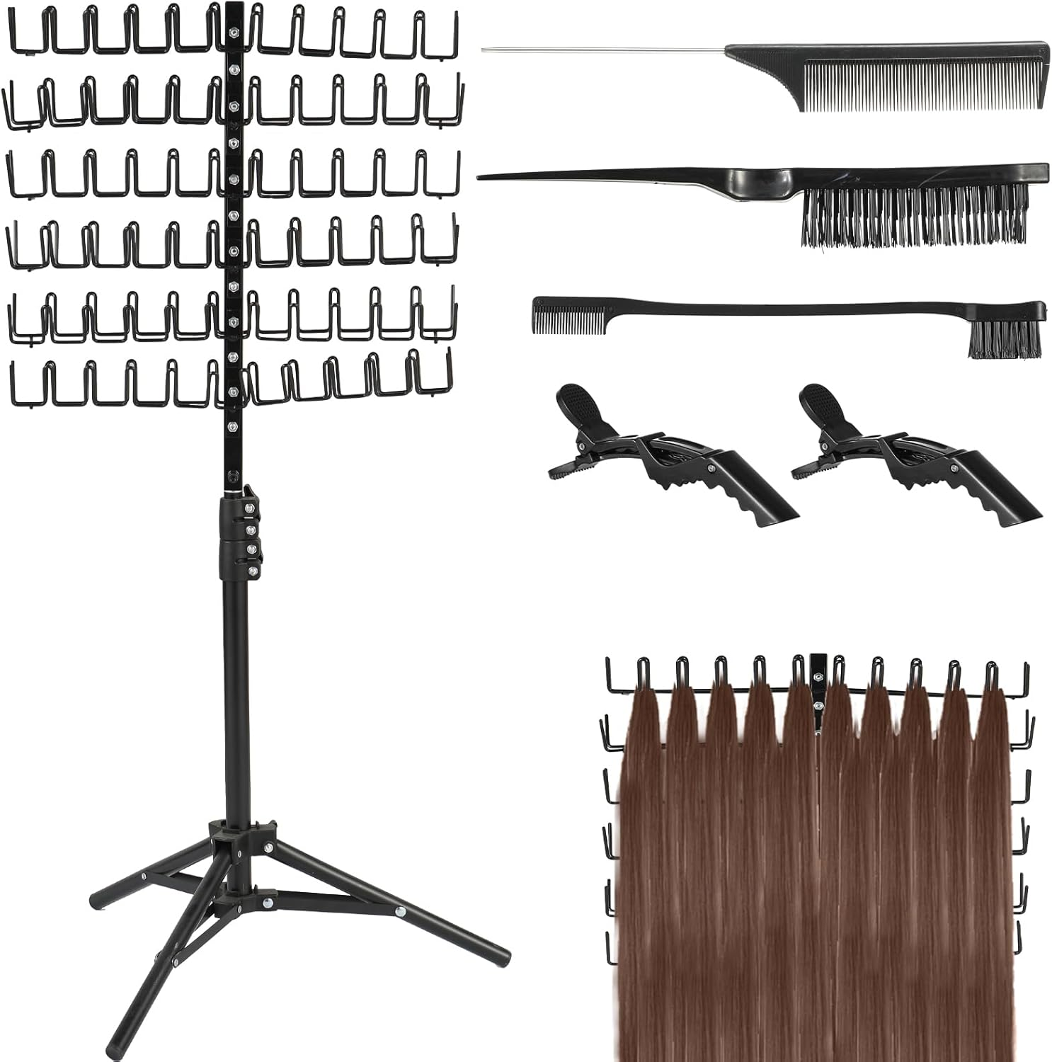 144 Pegs Braiding Hair Rack Standing Extension Holder Hanger Height Adjustable Braiding Hairs Stand for Hair Braiding Rack with Stylist Hair Braiding Tools for Stylists, Black image number 6