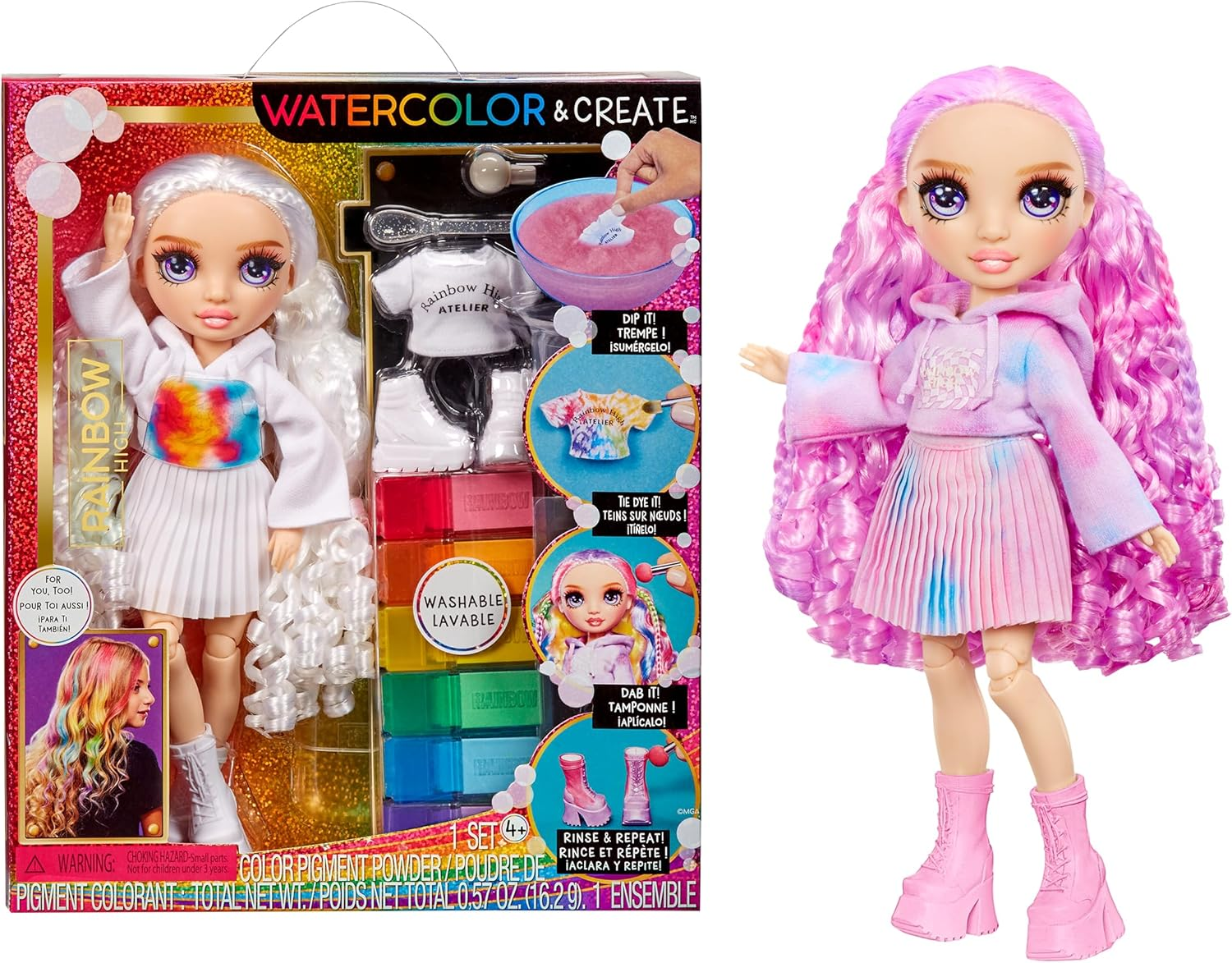 Rainbow High Watercolour & Create DIY Fashion Doll with Washable Watercolours and Tie-Dye Kit - Brown Eyes, Curled Hair, Extra Top & Shoes - Colour, Create, Play, Rinse and Repeat - Kids 4-12+ Years