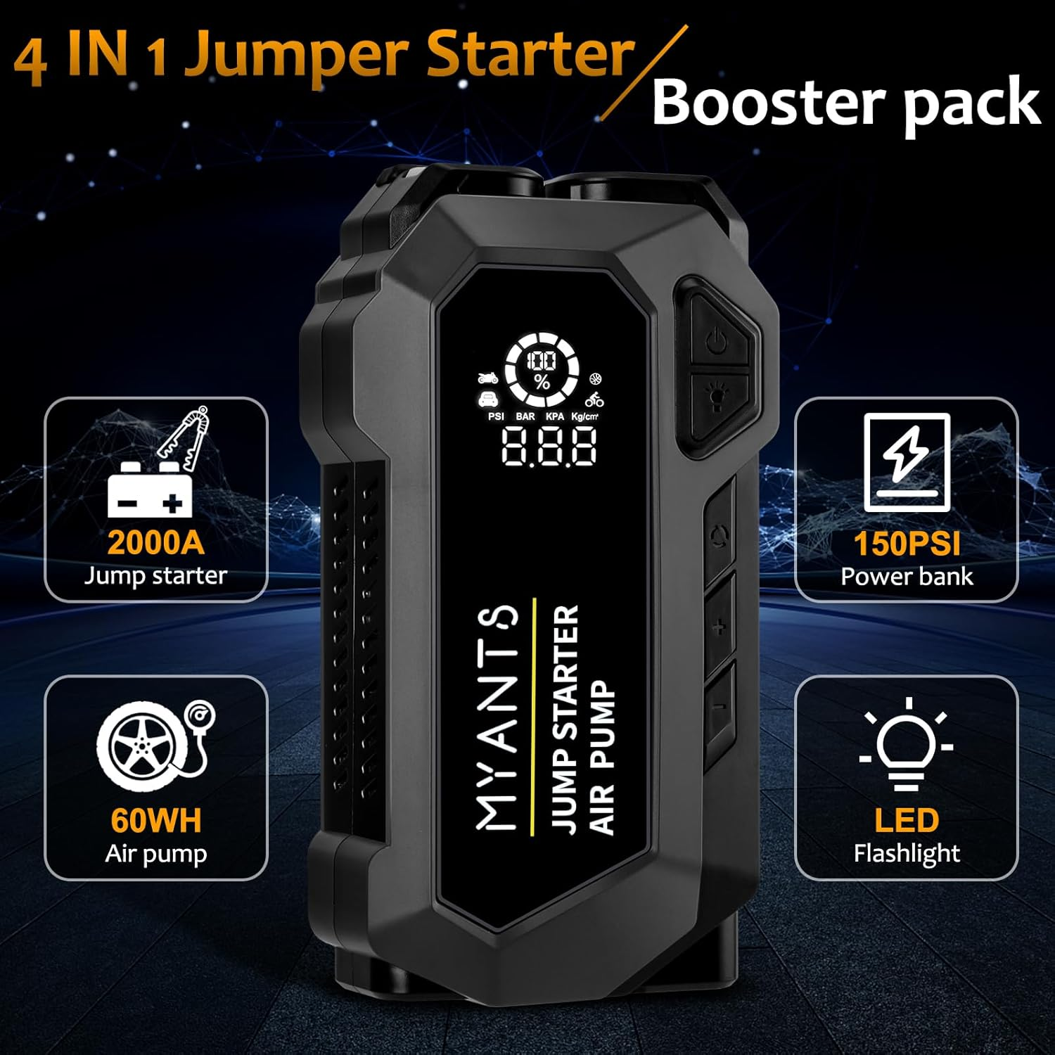 Car Battery Jump Starter with Air Compressor 4000A 12V Tyre Inflator, Power Bank Charger, Portable Jump Box Battery Booster Jumper Start Pack with USB QC 3.0,Up to 10.0L Gas/8.0L Diesel Engines image number 1