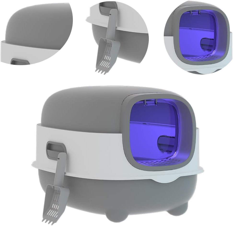 Cat Litter Box with Lid and Scoop UV Sterilization and Deodorization, Easy to Clean and Splash-Proof Detachable Cat Litter Tray with Hood for Medium and Small Cats 55X38X36Cm (Grey) image number 1