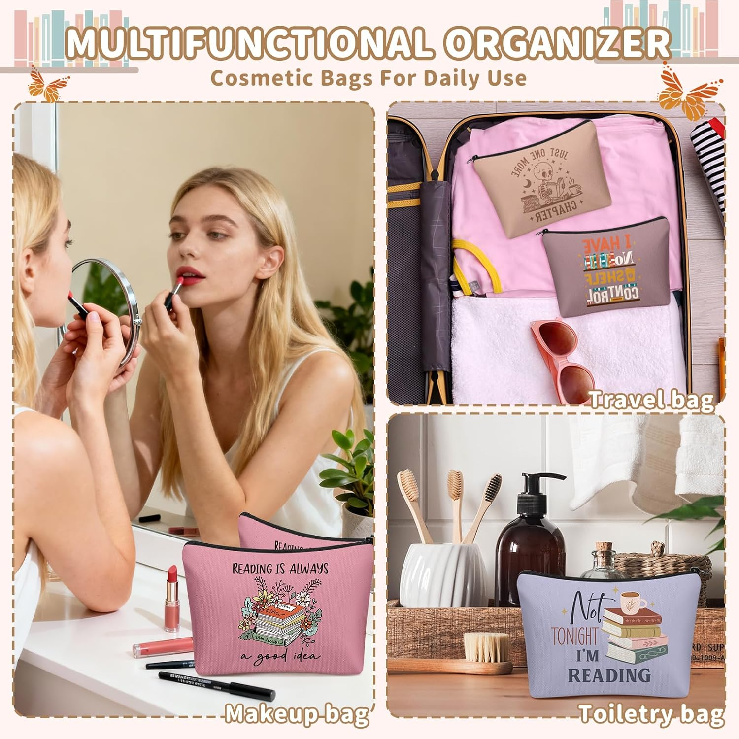 Cosblank 24 Pack Book Lovers Gifts Book Themed Makeup Bags Bulk Cosmetic Pouches Gifts for Reader Librarian Women Christmas Literary Lovers Favors image number 2