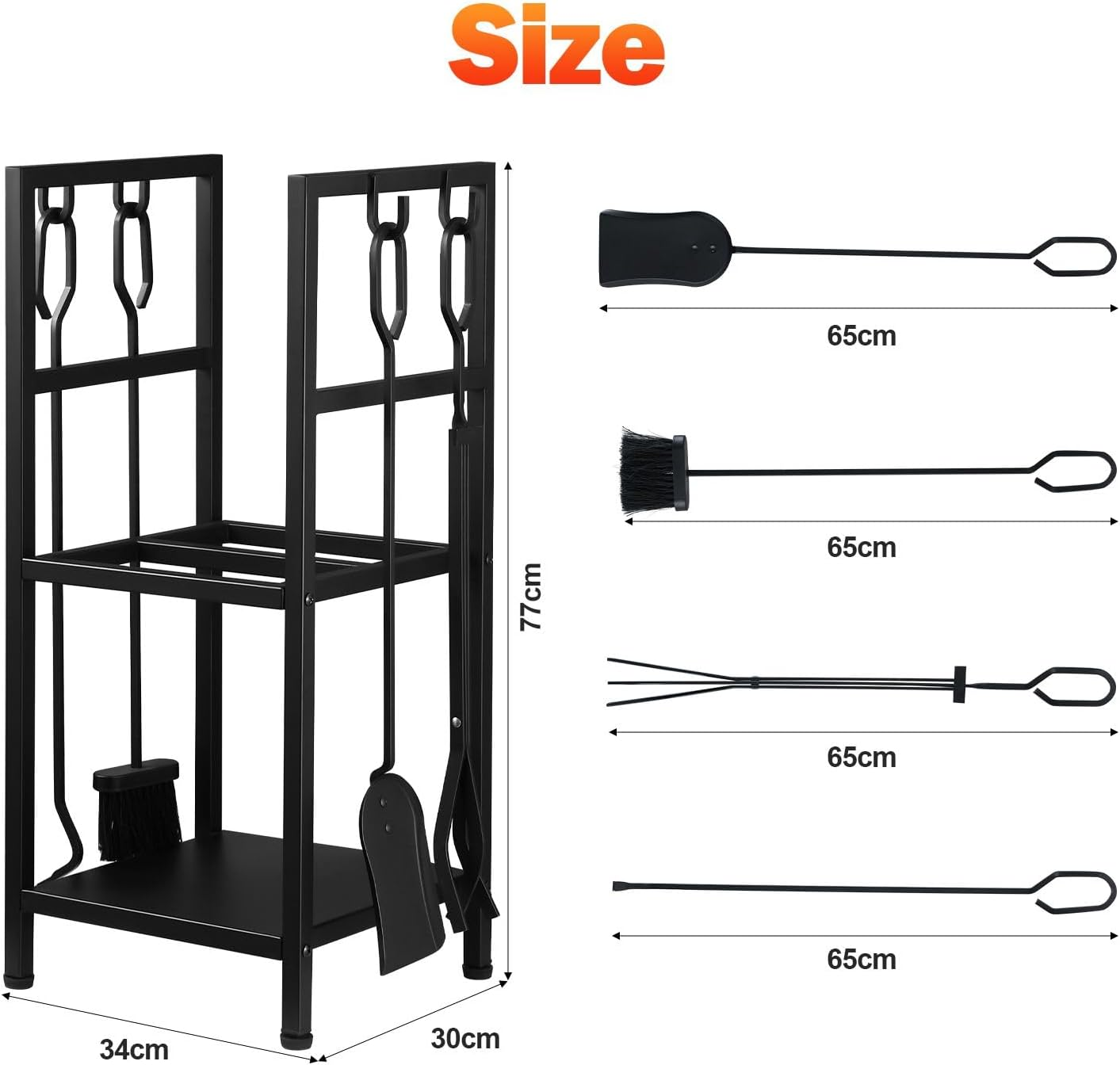 5In1 Firewood Storage Rack Fire Place Tool Kit Wrought Iron Firewood Log Storage Holder Firepit Tools Set for Fireplace, Fire Pit, Stove W/Hook, Broom, Shovel, Tongs - Black image number 4
