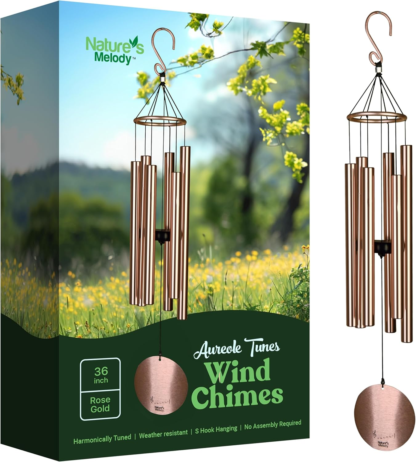 Nature&rsquo;S Melody Aureole Tunes Wind Chimes &ndash; Outdoor Windchime with 6 Tubes Tuned to E Pentatonic Scale, 100% Rustproof Aluminum, Powder Finish & S Hook Hanger for Sympathy, Memorial Gift or Zen Garden