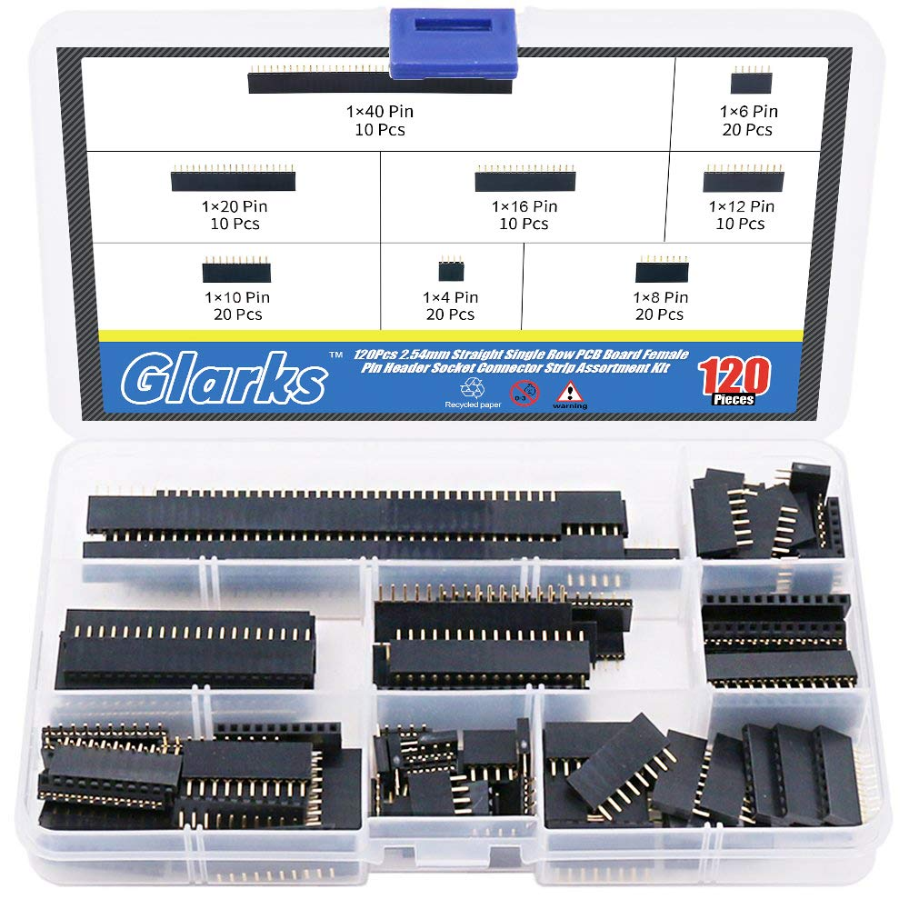 Glarks 120Pcs 2.54Mm Straight Single Row PCB Board Female Pin Header Socket Connector Strip Assortment Kit for Arduino Prototype Shield(Single Row)