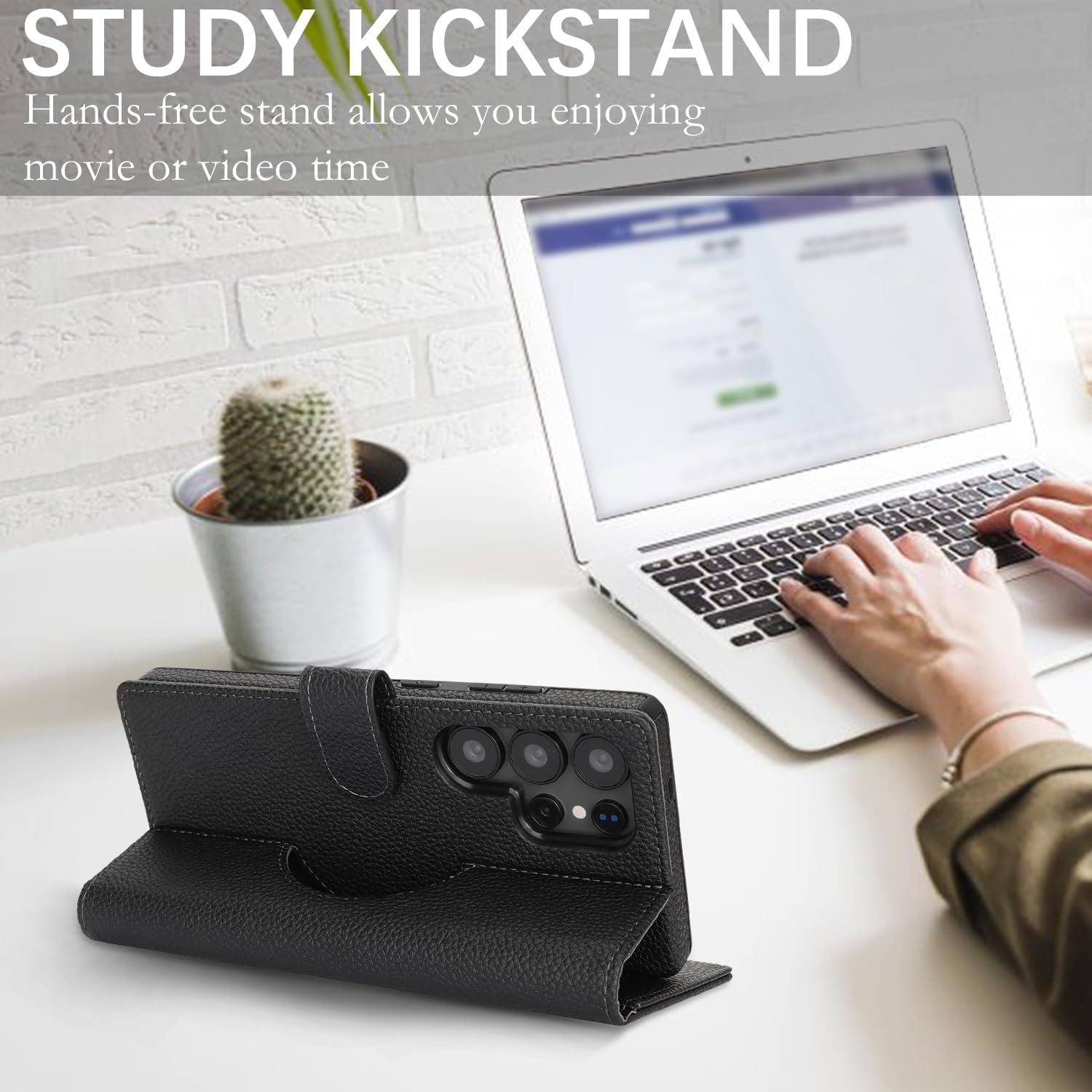 Cavor for Samsung Galaxy S25 Ultra Wallet Case Litchi Leather Case 2 in 1 Magnetic Detachable Support Magsafe Charging with Kickstand and Card Holder Flip Folio Protective Cover -Litchi Black image number 2