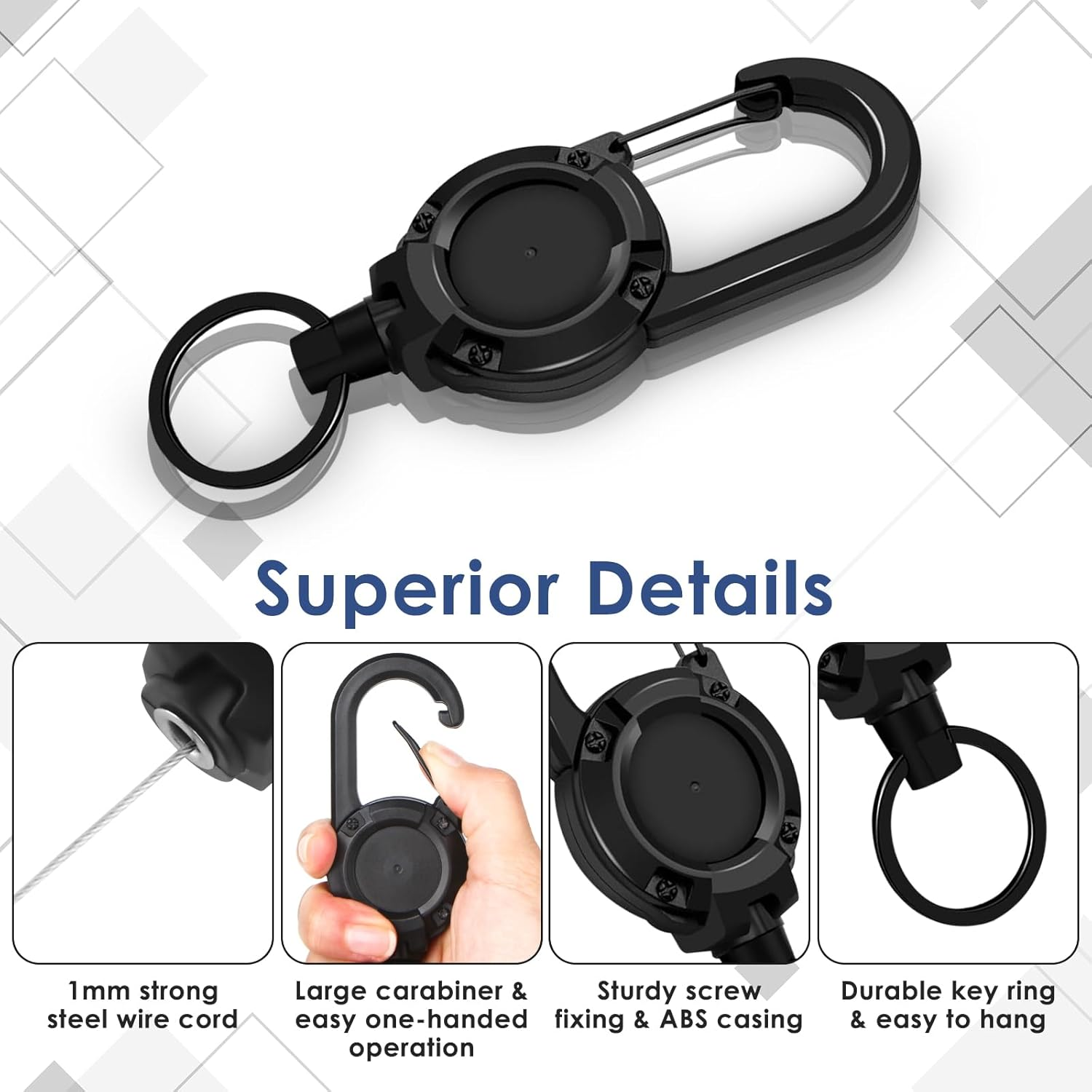 Retractable Keychain 4 Pieces Heavy Duty Carabiner Badge Holder Retractable Badge Reel ID Holder Extendable Key Ring Key Holder for 8 Oz ABS Casing with 24 Inches Steel Cord image number 1