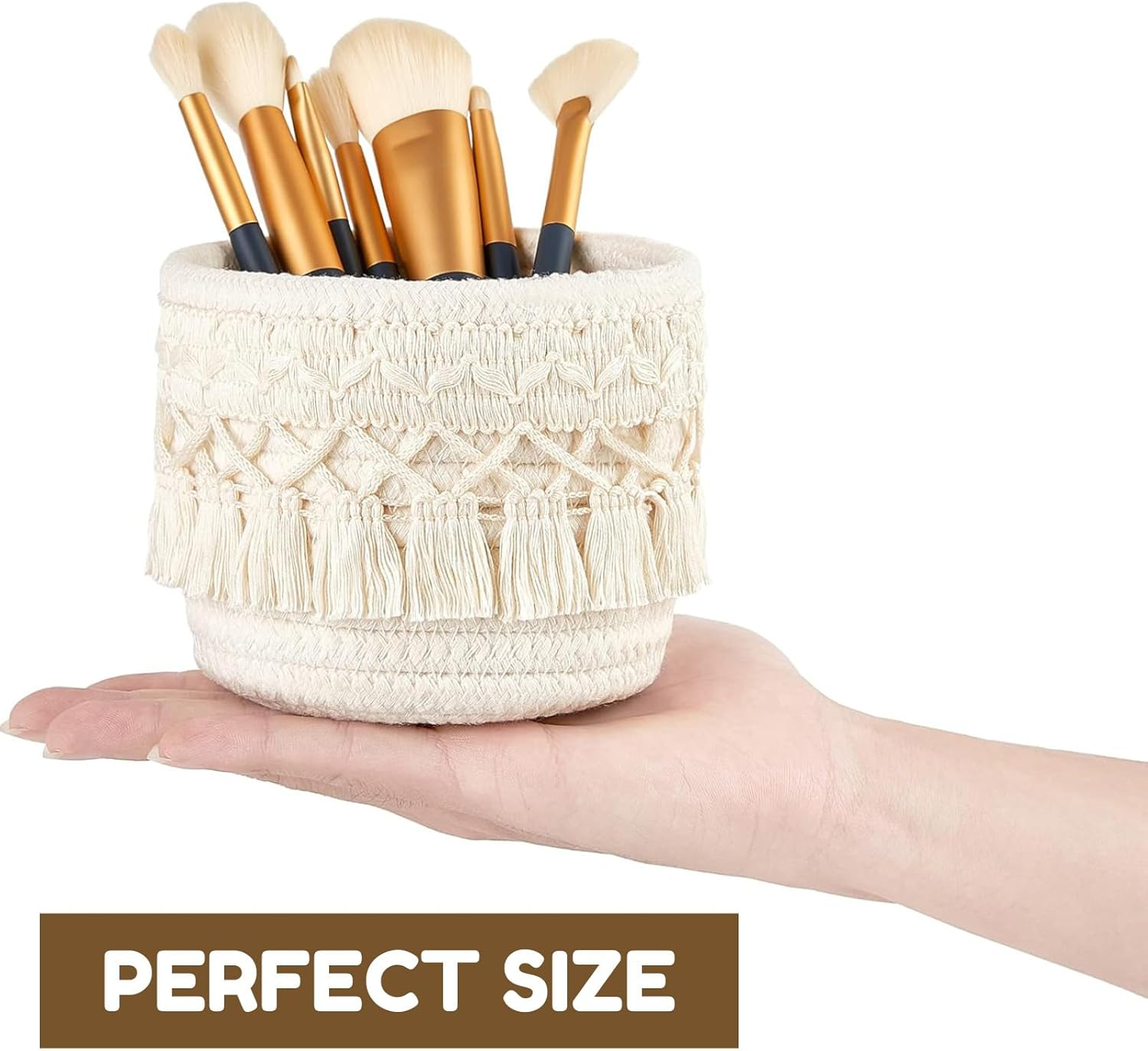 Macrame Makeup Brush Holder Organizer &ndash; Set of 2 Boho Decor Baskets for Pen, Pencil, and Makeup Brushes Storage, Ivory