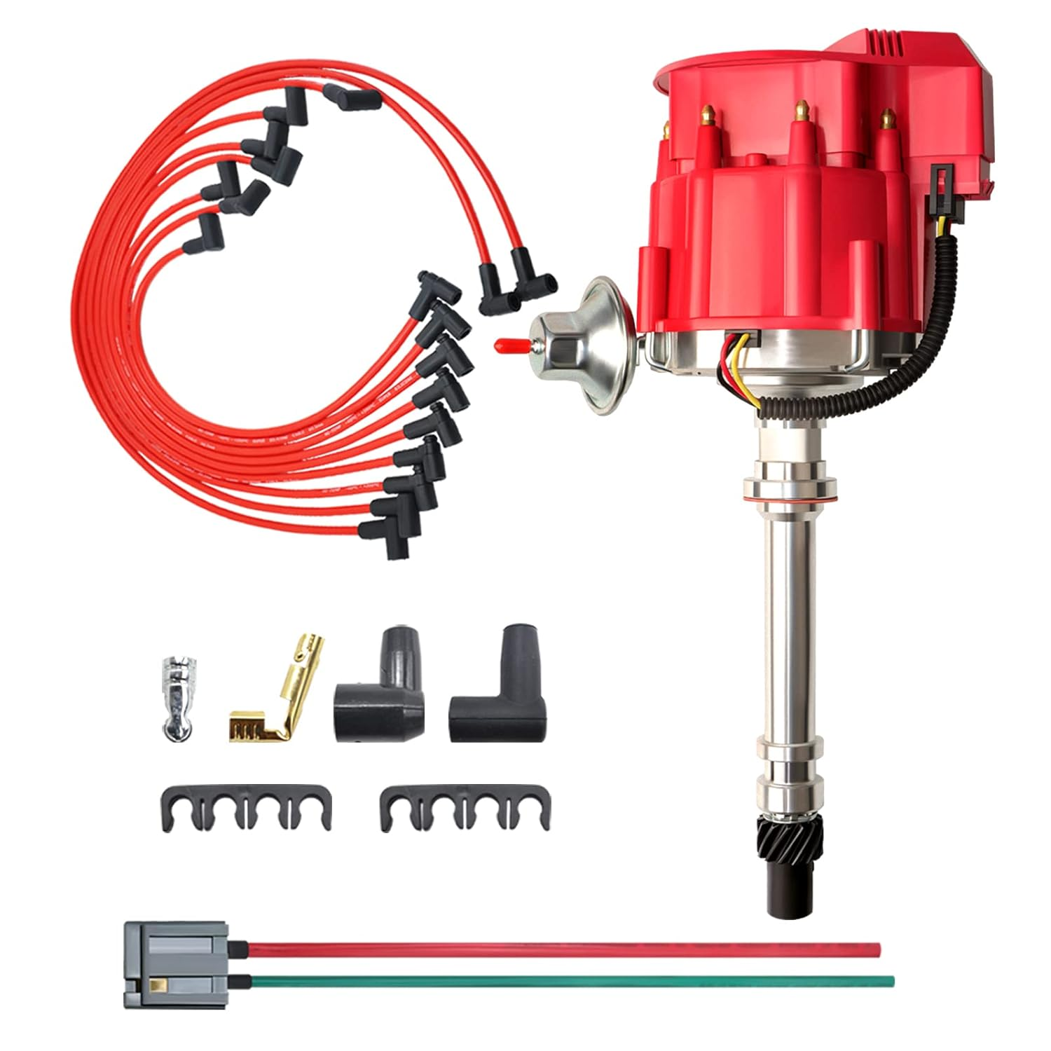 MAS Racing HEI Distributor&Spark Plug Wires & Free Pigtail Wire Harness Combo Kit Red Cap Replacement for Chevy 283 302 307 327 350 396 400 402 427 454 Gm SBC BBC 65K Coil 7500RPM Chevrolet C10 GMC V8 image number 3