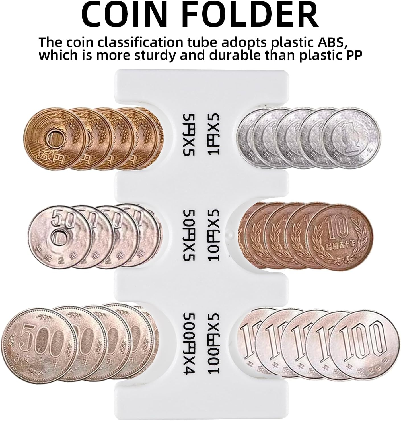 Japanese Yen Coin Holder Hard Case Organizer and Storage for Coins Rectangle JPY Coin Organiser and Dispenser, Plastic Coin Sorter Wallet, White, Storage