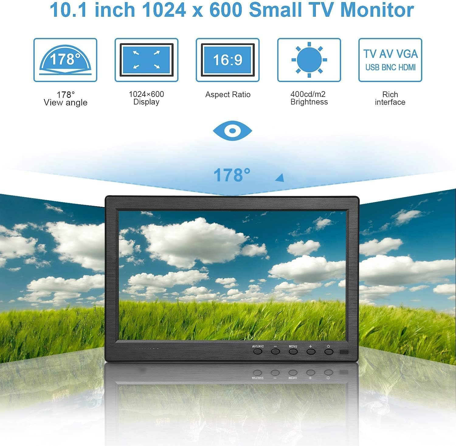 10.1-Inch Portable HDMI Monitor 1024X600 Resolution Mini 1080P IPS Monitor with Built-In Dual Speakers HDMI VGA BNC RCA Input for Gaming Raspberry Pi PC CCTV Security Camera