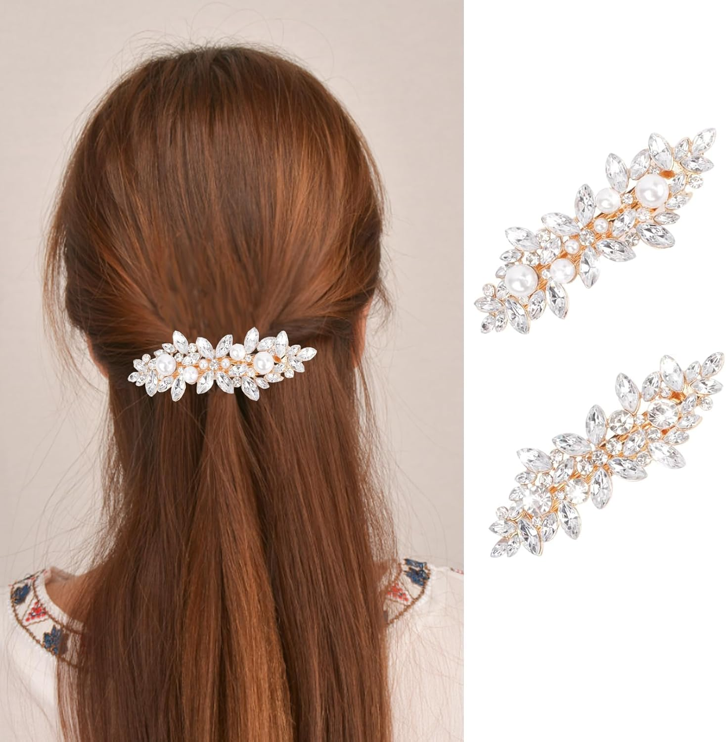 2Pcs Rhinestone Hair Clips, Betterjonny Crystal Pearl Hair Barrettes Flower Sparkle Hairpins French Wedding Prom Hair Clip Barrettes for Women Girls Bridal