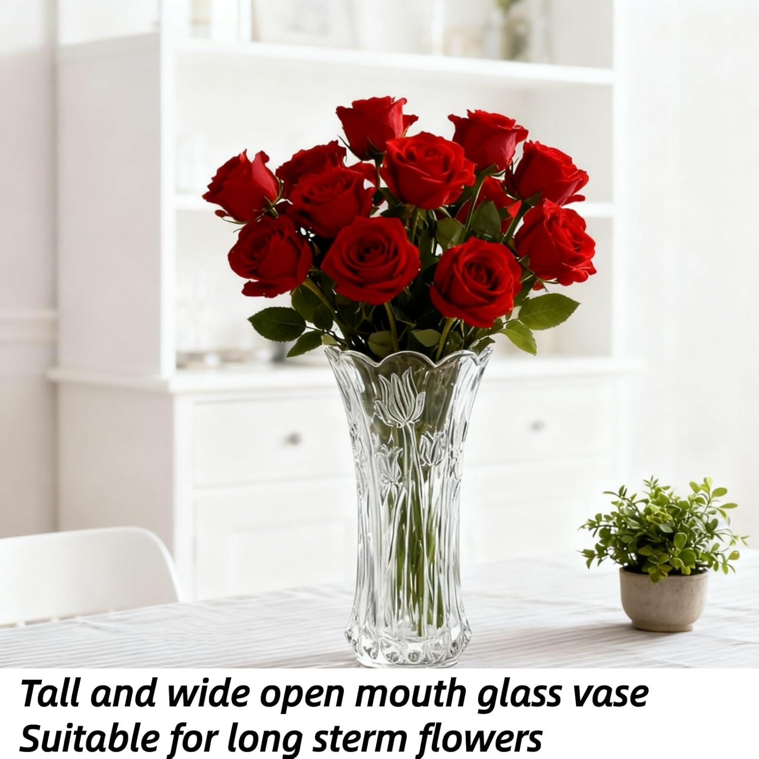 Dicunoy Set of 2 Glass Flower Vase, 9.5" Large Flower Vases for Centerpieces, Modern Clear Heavy Duty Crystal Tall Cylinder Flared Vase for Rose Bouquet, Home, Wedding, Living Room, Office image number 4