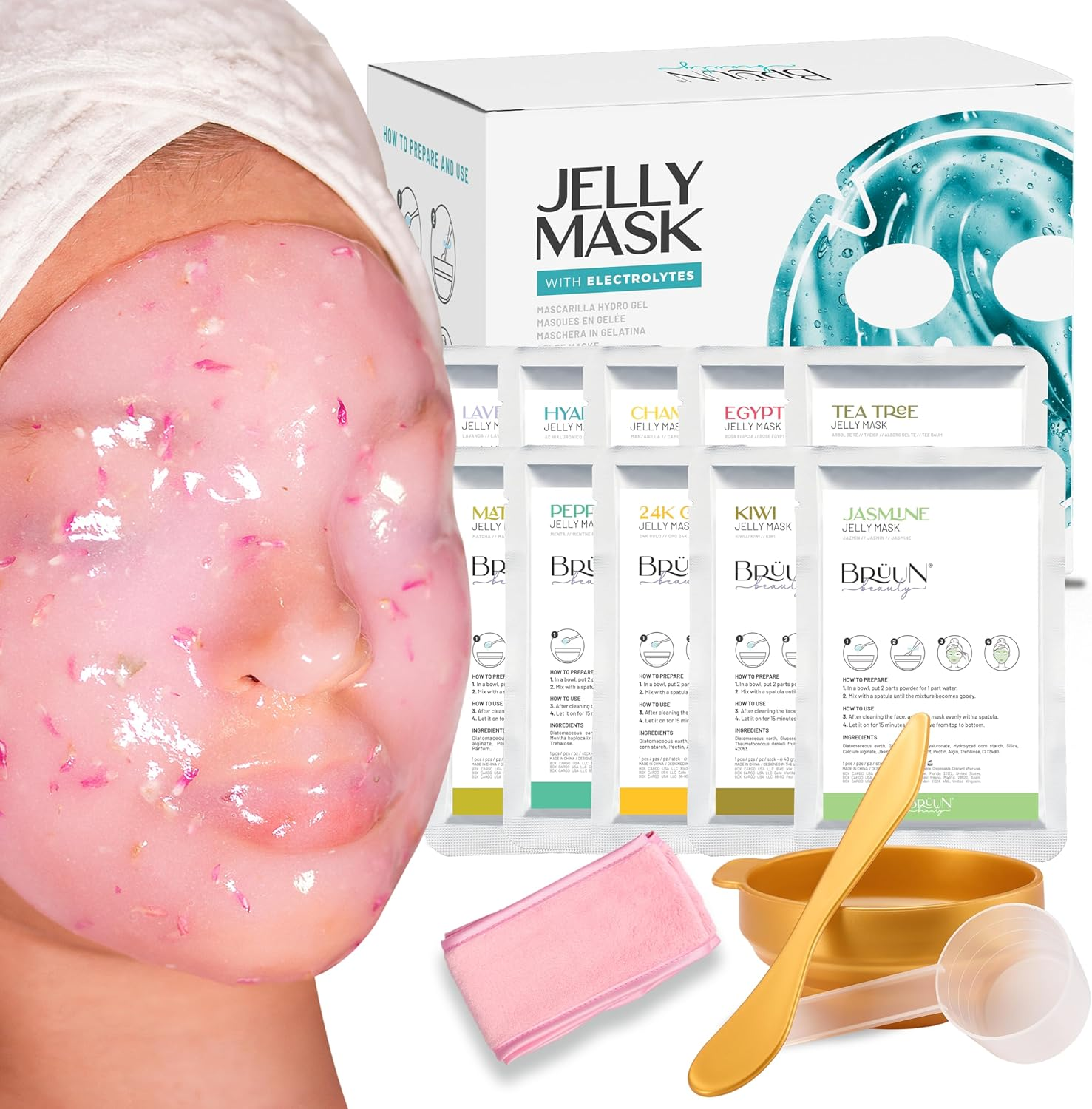 BR&Uuml;UN Peel-Off Jelly Mask Hydrating Premium Modeling Rubber Mask Spa Set - 10 Treatments (24K Gold, Lavender, Kiwi, Peppermint, Egyptian Rose, Matcha, Chamomile, Tea Tree, Jazmine) image number 3