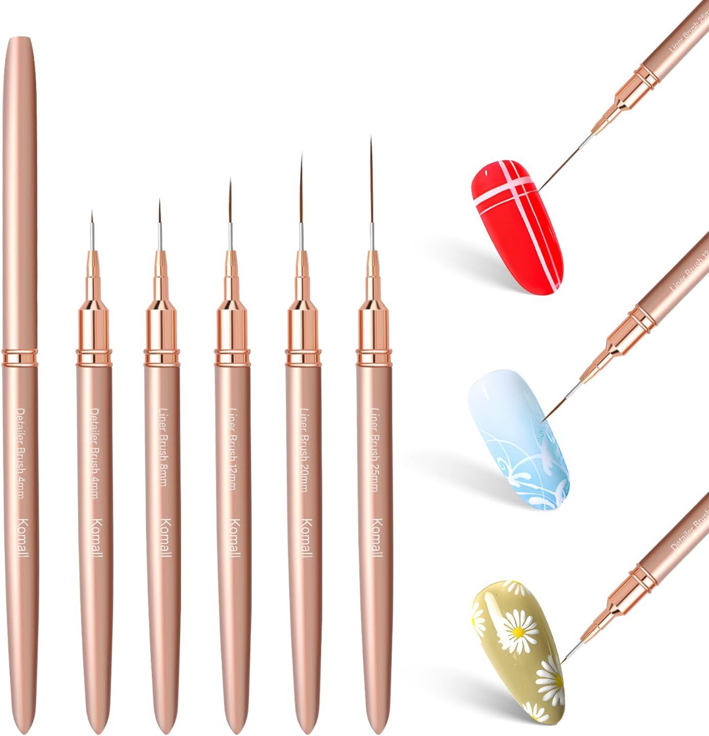 Metallic Nail Art Brushes, 5Pcs Liner Brush Set, UV Gel Polish Painting Art Design Pen for Long Lines, Thin Details, Fine Drawing Sizes 4/8/12/20/25Mm(Champagne Gold) image number 3