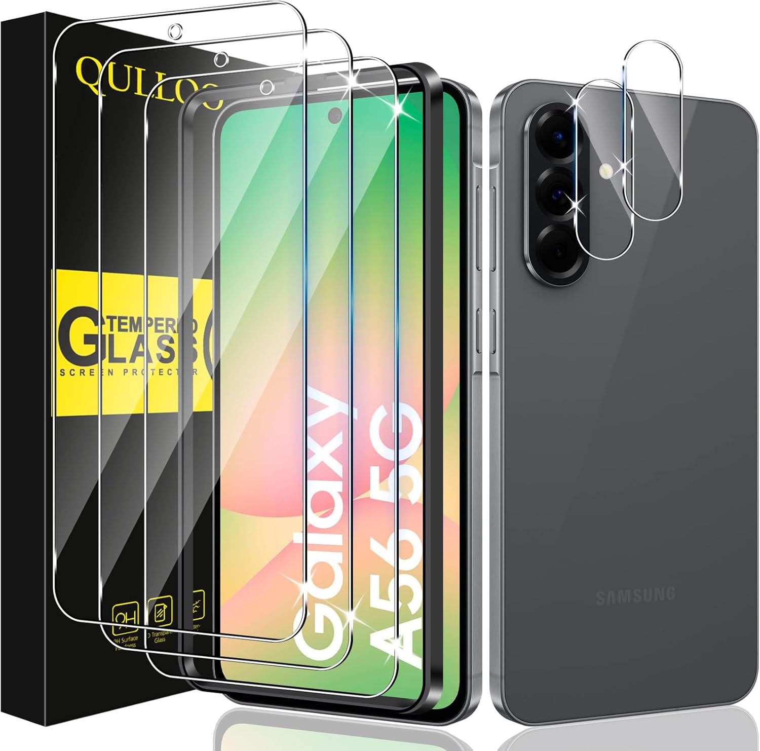 QULLOO Screen Protector for Samsung Galaxy A56 5G, Pack of 3 Screen Protectors with 3 Camera Protection, 9H Hardness Tempered Glass HD Clear Protective Glass Anti-Scratch Film image number 4