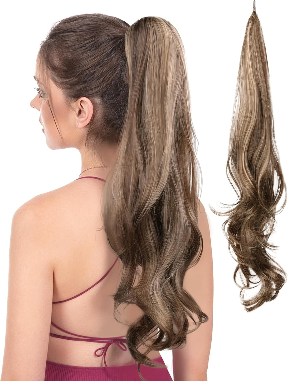 Flexible Wrap around Ponytail Hair Extensions Long Wavy Curly Hair Extensions Natural Ponytail Fake Pony Tail Natural Black Synthetic Ponytails Hairpiece for Women Daily Use Black