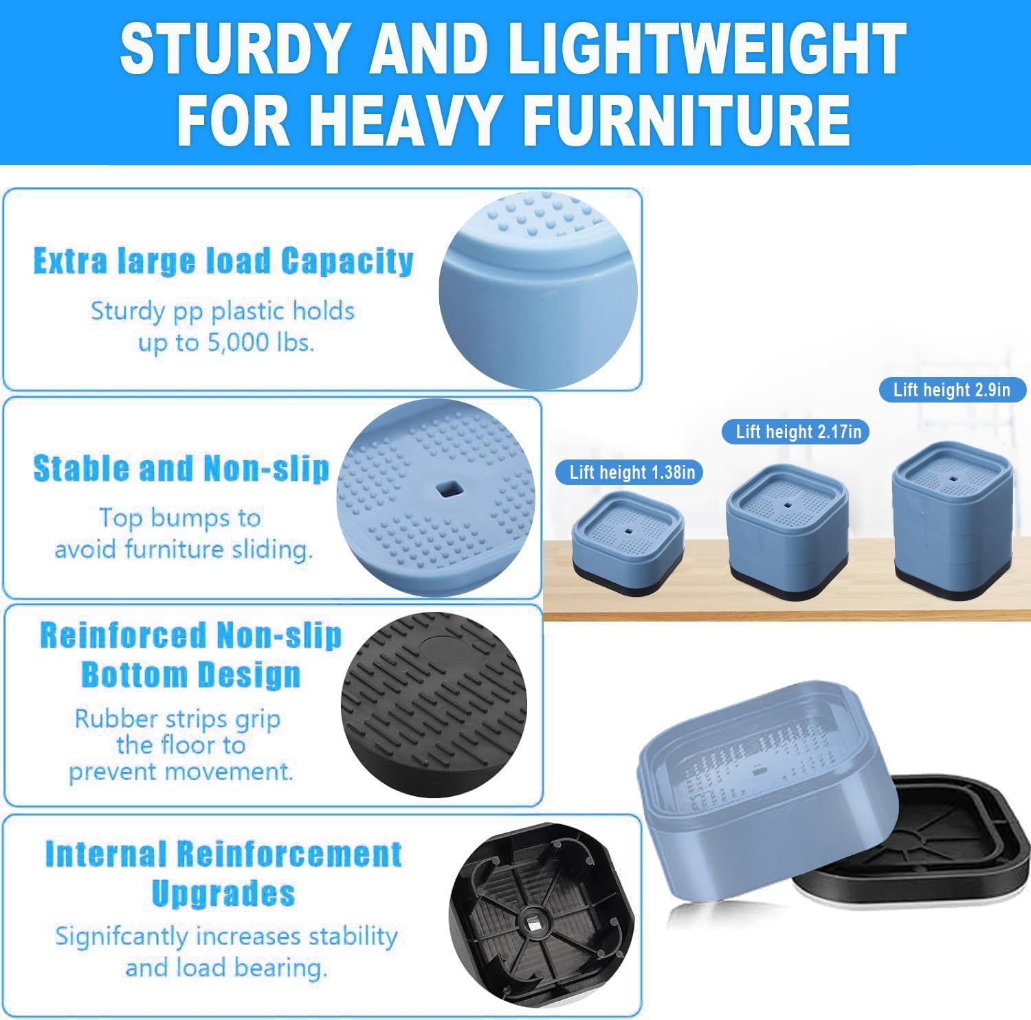 12 Pack Furniture Risers Stackable Table Risers 1.38 Inch Heavy Duty Adjustable Bed Table Leg Extender Furniture Leg Risers Furniture Lifts Support for Beds Desks Sofa Tables and Chairs (Baby Blue)