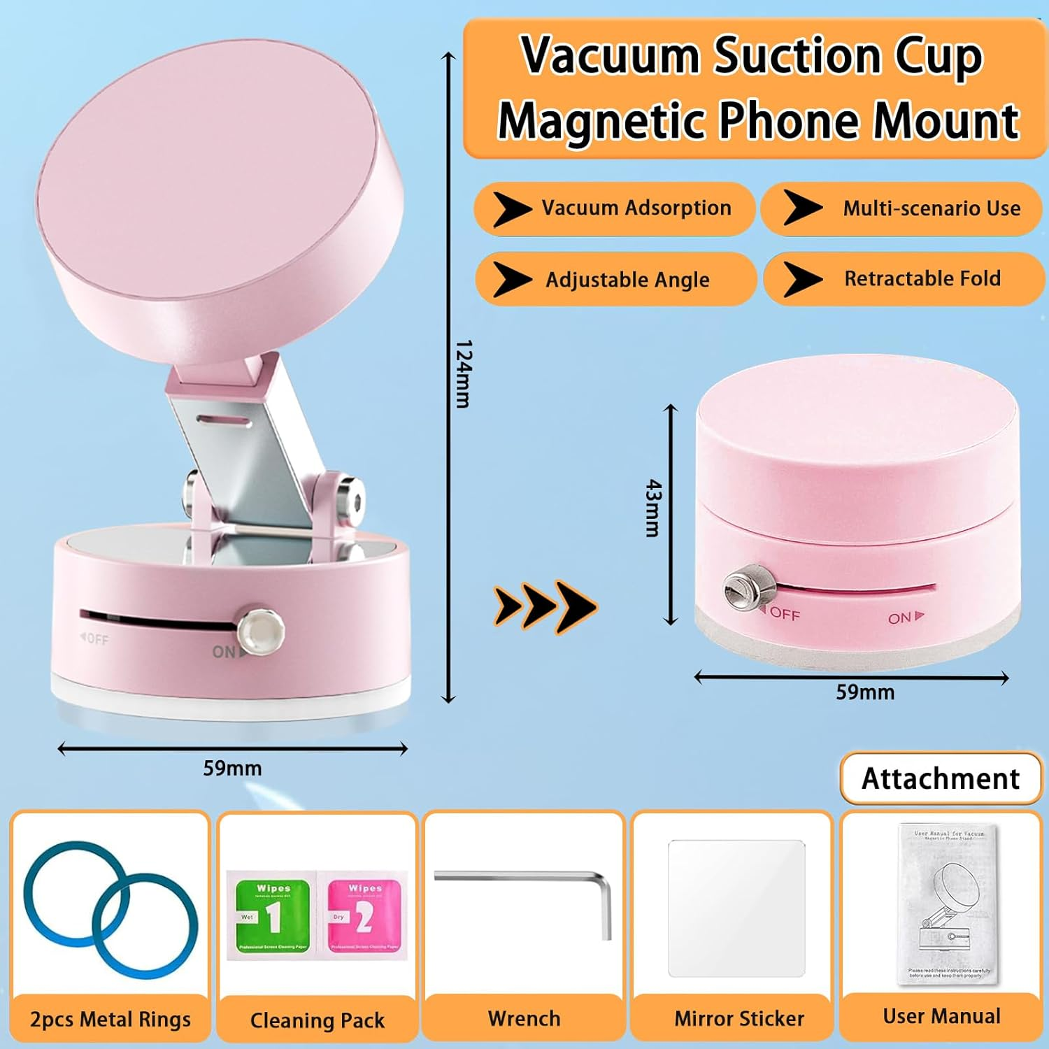 Foldable Magnetic Vacuum Phone Holder, 360&deg; Rotatable Suction and Retractable Cup Phone Mount for I-Phone 16/15/14/13/12 All Phones, Pink - Pink image number 6