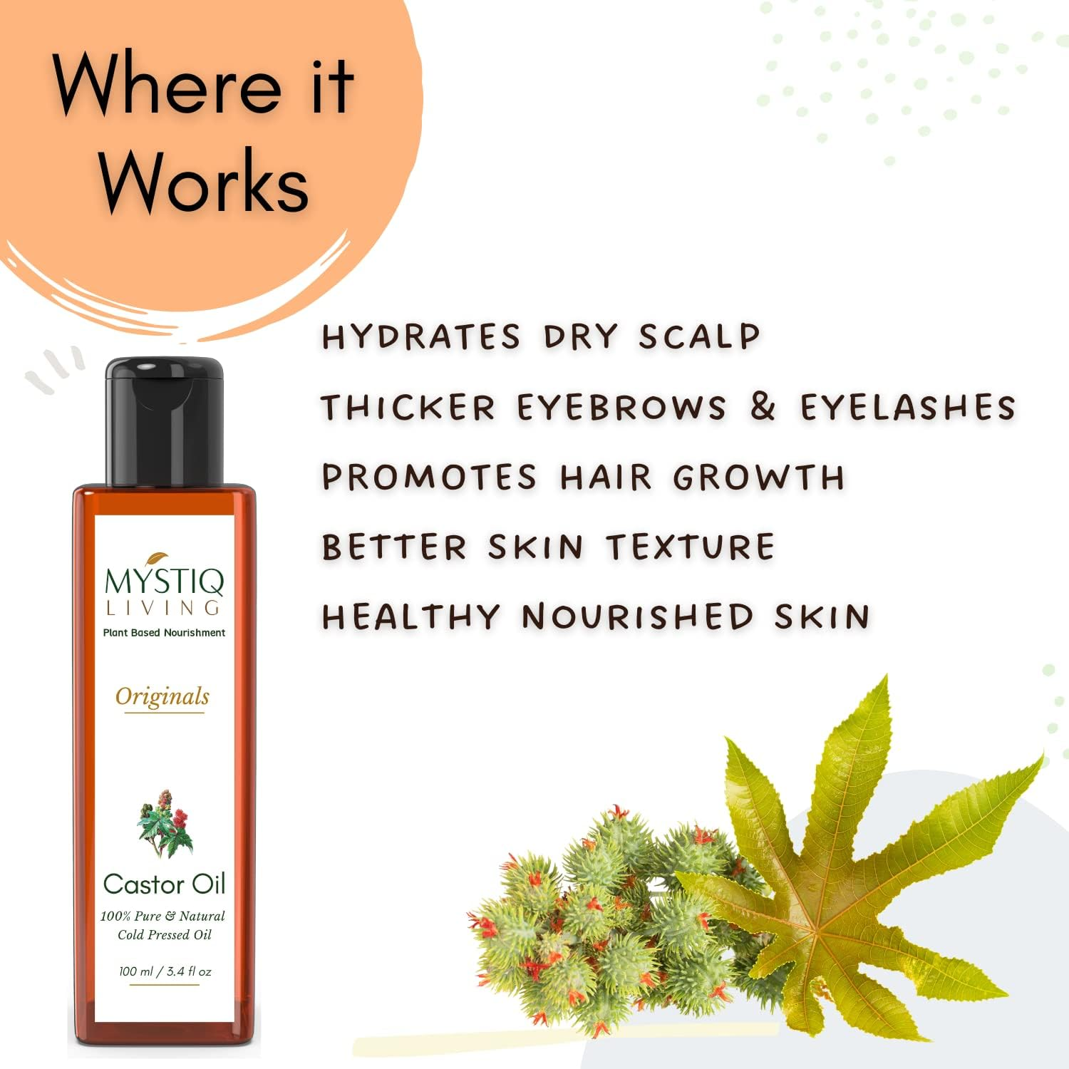 Mystiq Living Originals - Castor Oil, 100ML | Cold Pressed, 100% Pure & Natural | Hair Growth, Skin Care, Moisturising Dry Skin, Nails, Eyelashes - Virgin Grade image number 2