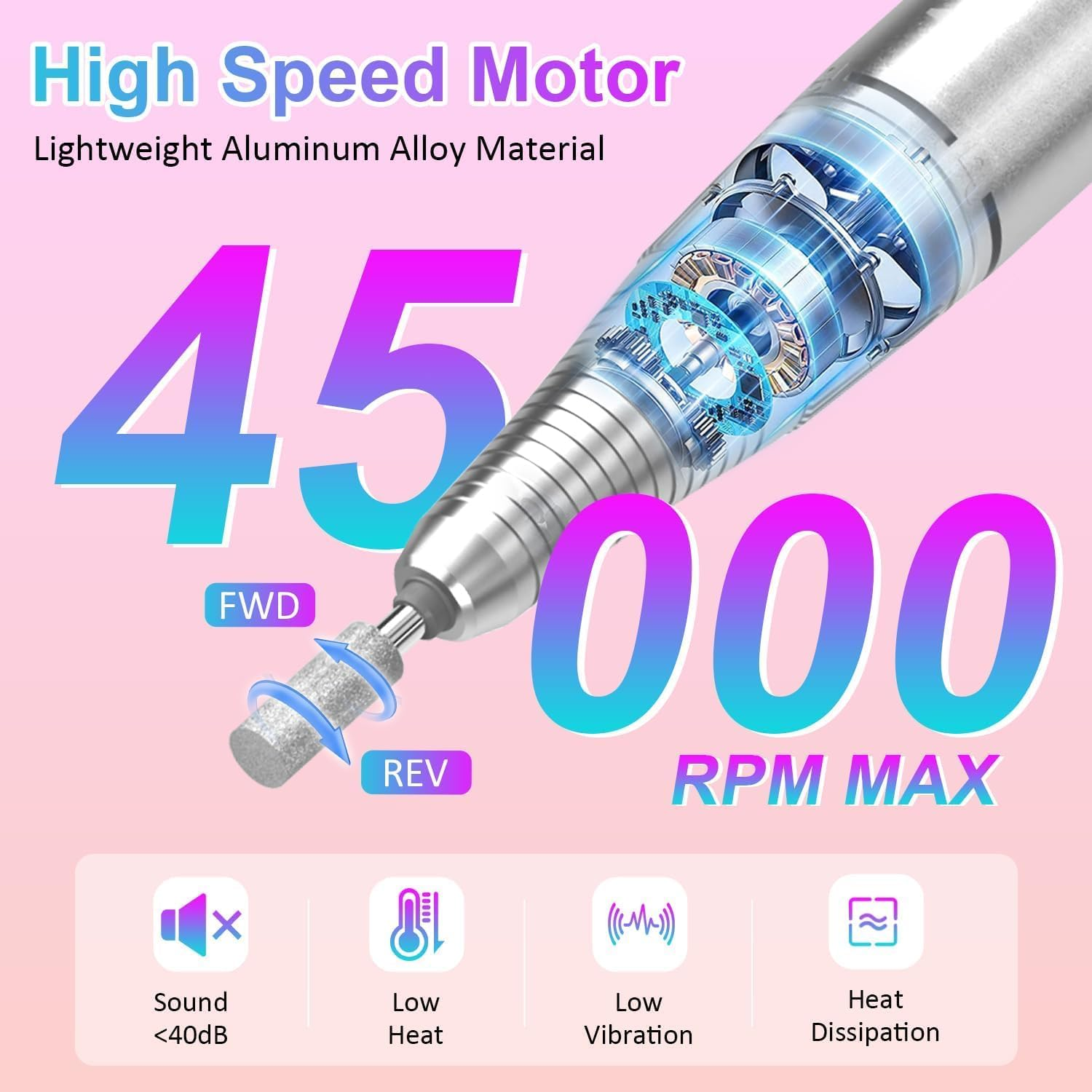 Portable Electric Nail Drill LEDSUUEI: 45000 RPM Nail Drill Professional Electric Nail File Machine for Acrylic Nails Gel Polishing Removing, Manicure Salon Home,Pink image number 2