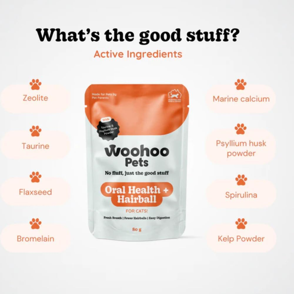 Woohoopets Oral Health & Hairball for Cats | Taurine, Fibre & Psyllium Supplement for Fresh Breath, Hairball Control & Easy Digestion, 80G image number 1