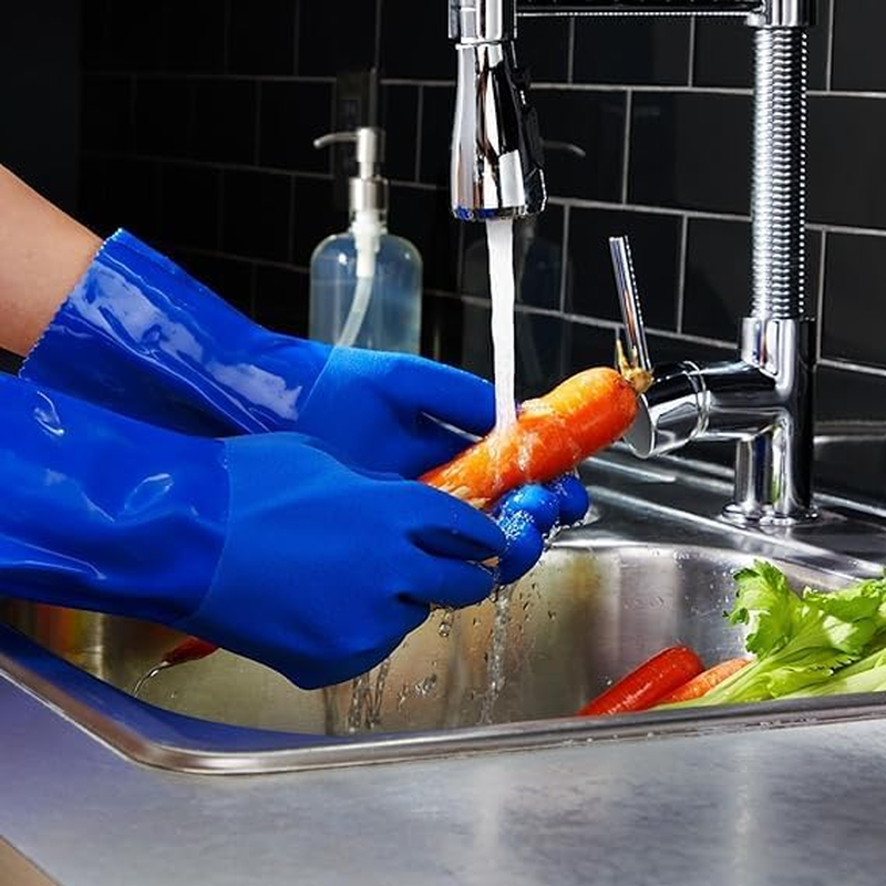 Rubber Gloves-2 Pairs Reusable Waterproof Household Cleaning Dishwashing Non-Slip Kitchen Gloves for Wash Dishes, Cotton Lined (Blue and Orange) image number 3