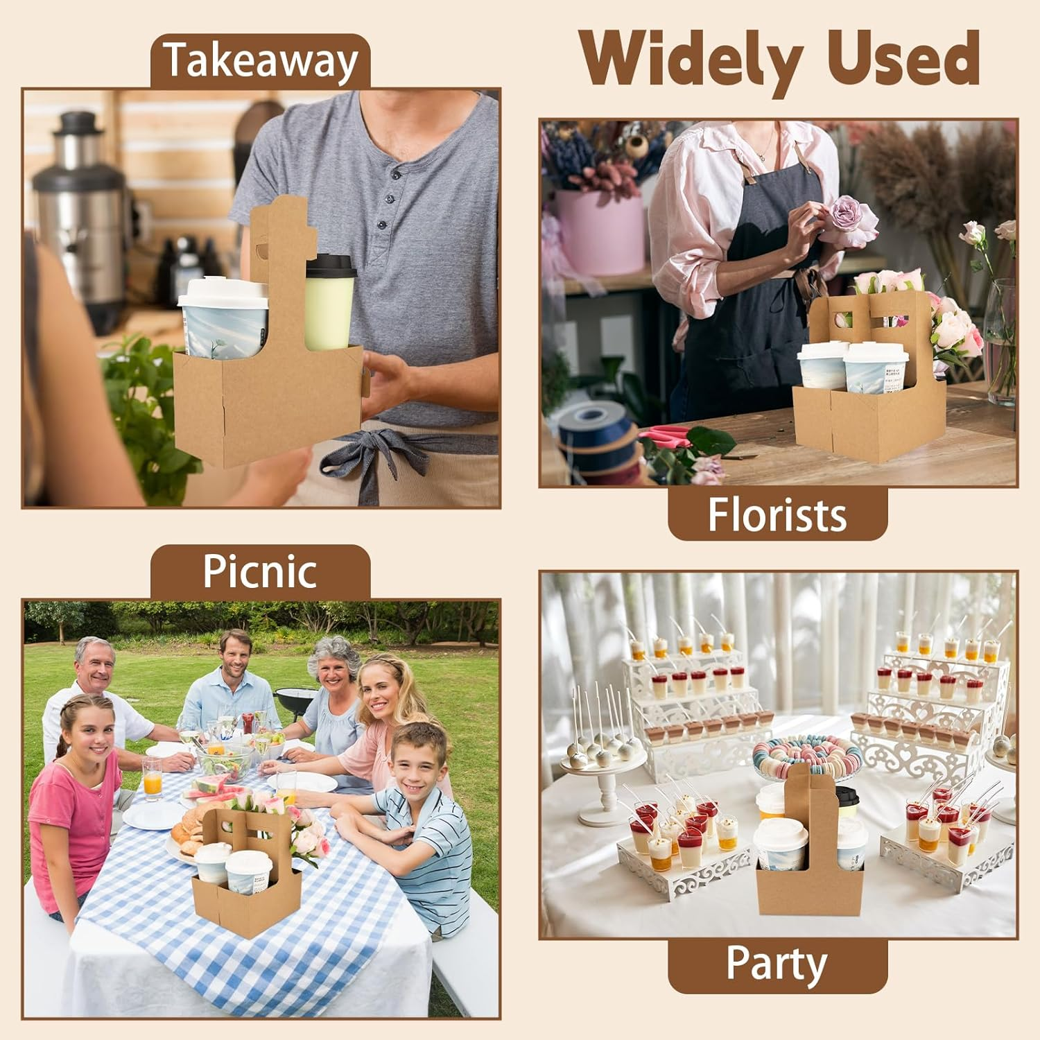 2 Cup Drink Carrier with Handle,Pack of 20 Kraft Paperboard Take Out Cup Carriers,Portable Foldable Cup Carrier for Hot or Cold Drinks,Coffee Carrier, Food Delivery (Brown) image number 2