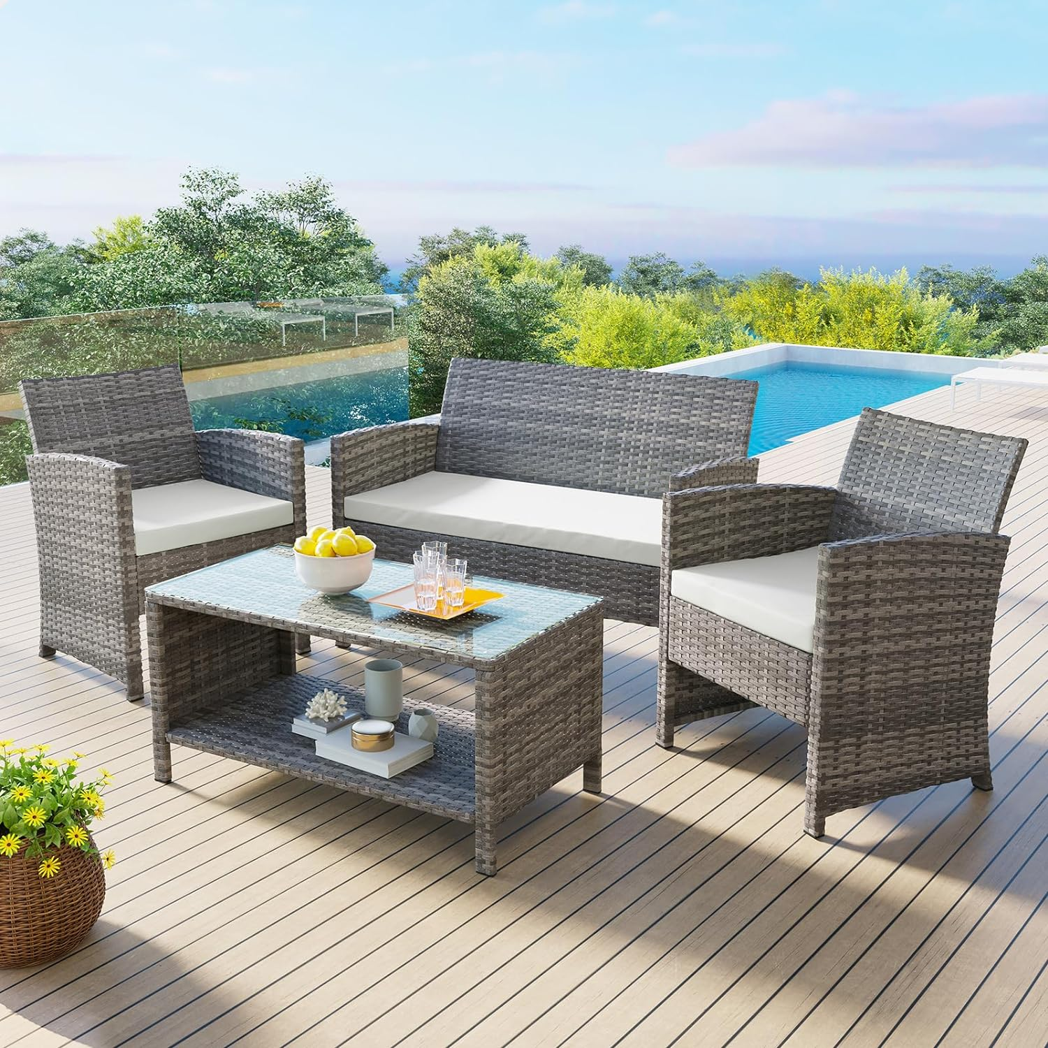 ALFORDSON Outdoor Patio Furniture 4Pcs Conversation Set, Wicker 4 Pieces Lounge Chair & Glass Coffee Table Setting, Steel Frame Garden Rattan Sofa with Cushions, Light Grey