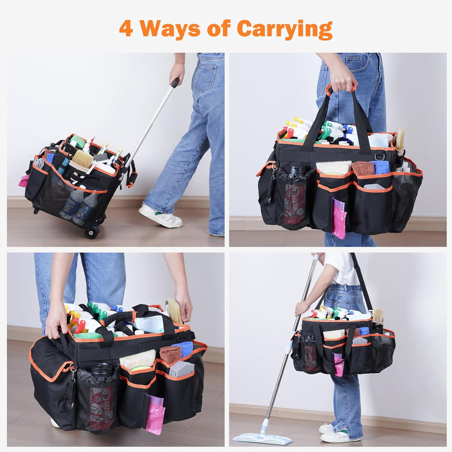 Puricon Cleaning Caddy with Wheels, Professional Portable Rolling Cleaning Supplies Bag with Detachable Trolley Large Cleaning Cart with Handle and Shoulder Strap for Housekeeping -Blackorange image number 1
