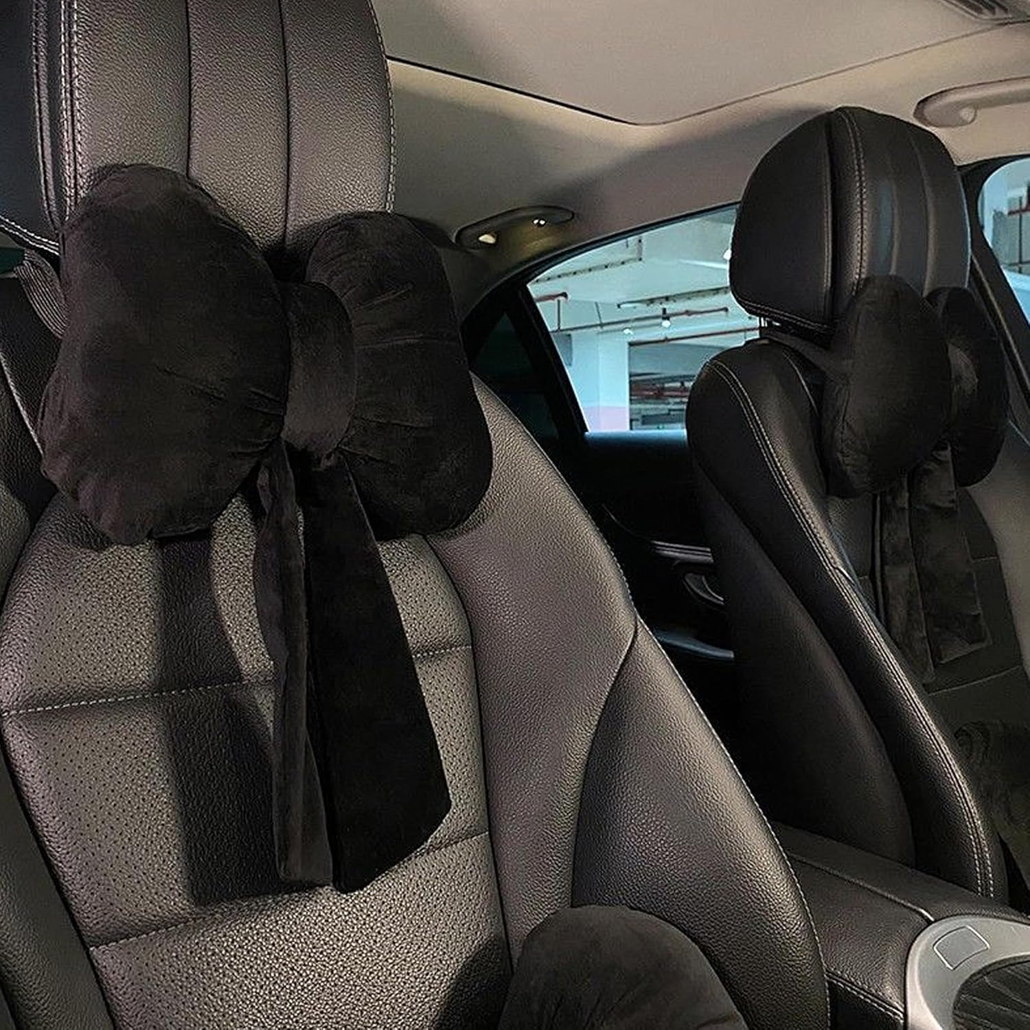 Car Neck Pillow 2PCS Plush Bowknot Car Headrest Pillow &ndash; Comfortable Neck Support for Driving Soft Touch Fabric Car Pillow Cute Girl-Style Interior Decor (Black) - Black image number 6